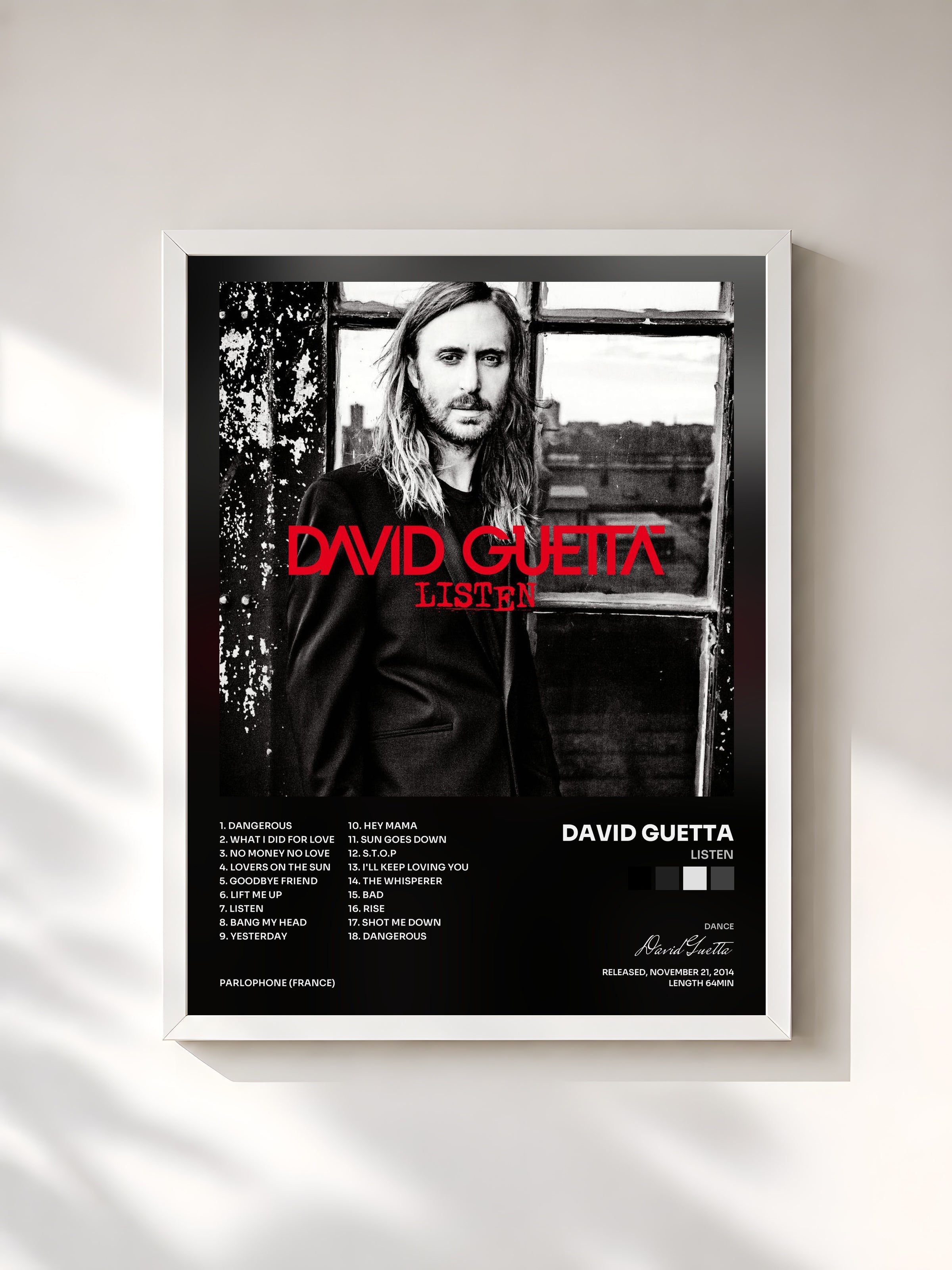 #blanc Listen di David Guetta in stampa incorniciata, cornice bianca, stampata e incorniciata in Francia