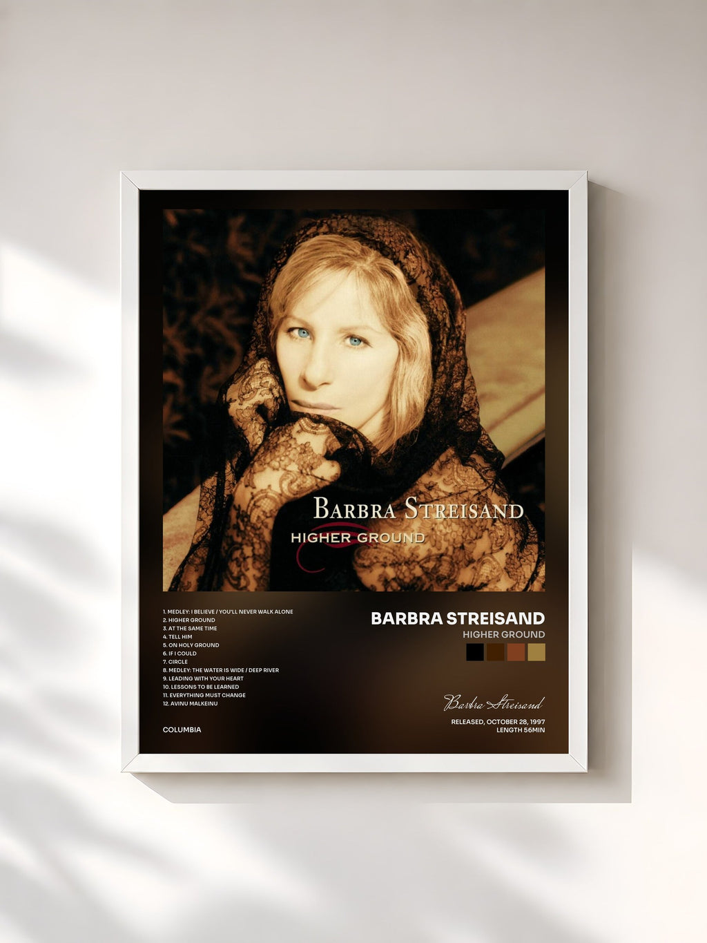#blanc Higher Ground de Barbra Streisand en lámina enmarcada, marco blanco, impresa y enmarcada en Francia