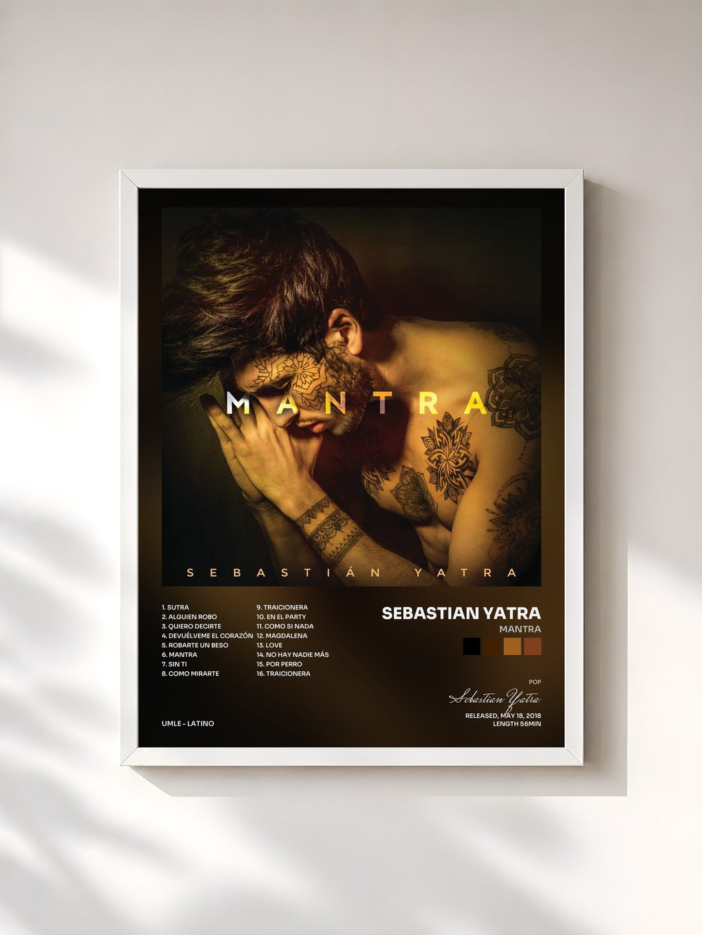 #blanc MANTRA by Sebastian Yatra as a framed art print, white frame, printed and framed in France