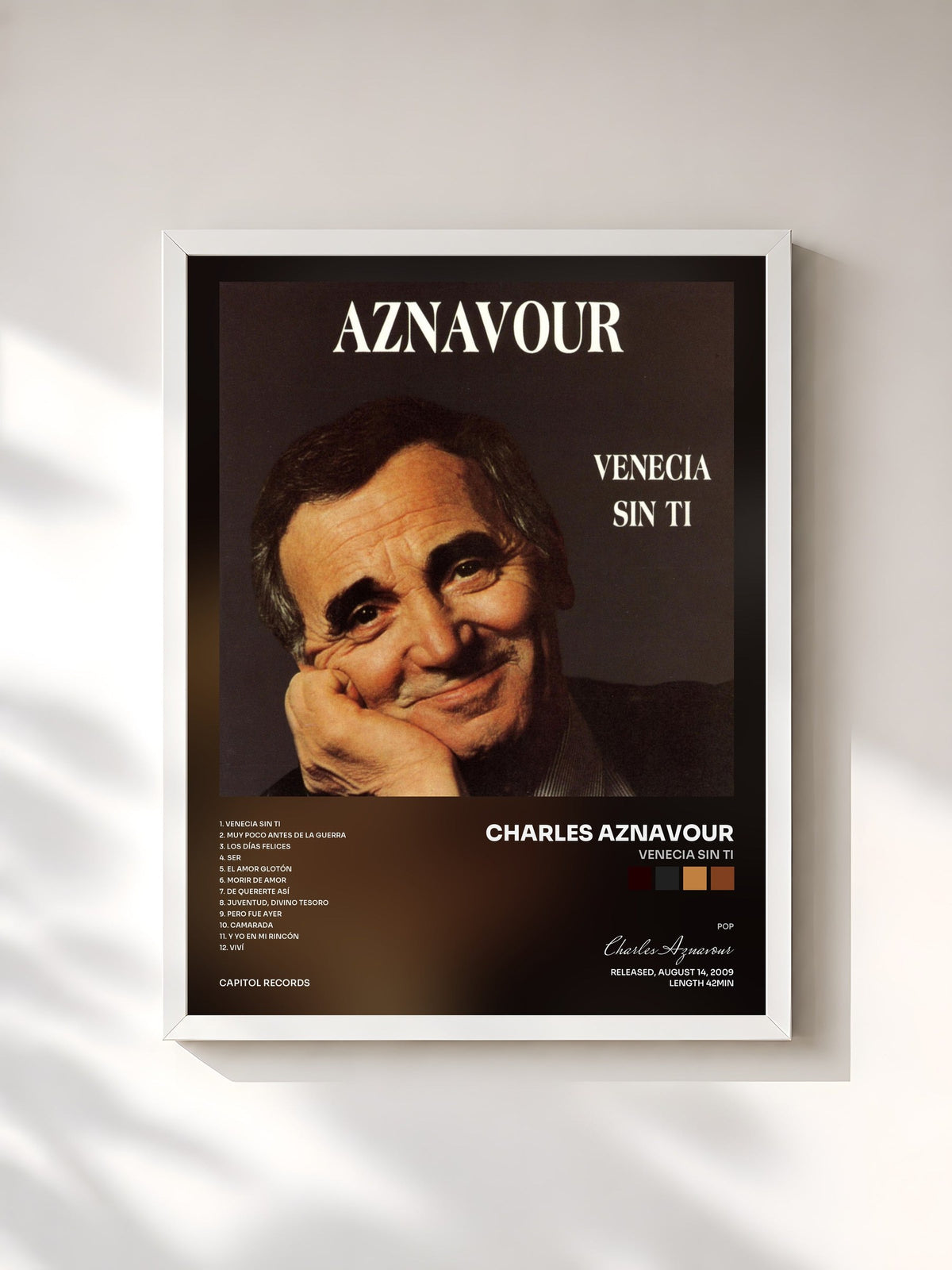 #blanc Tableau de l'album Venecia Sin Ti de Charles Aznavour, cadre blanc, imprimé et encadré en France