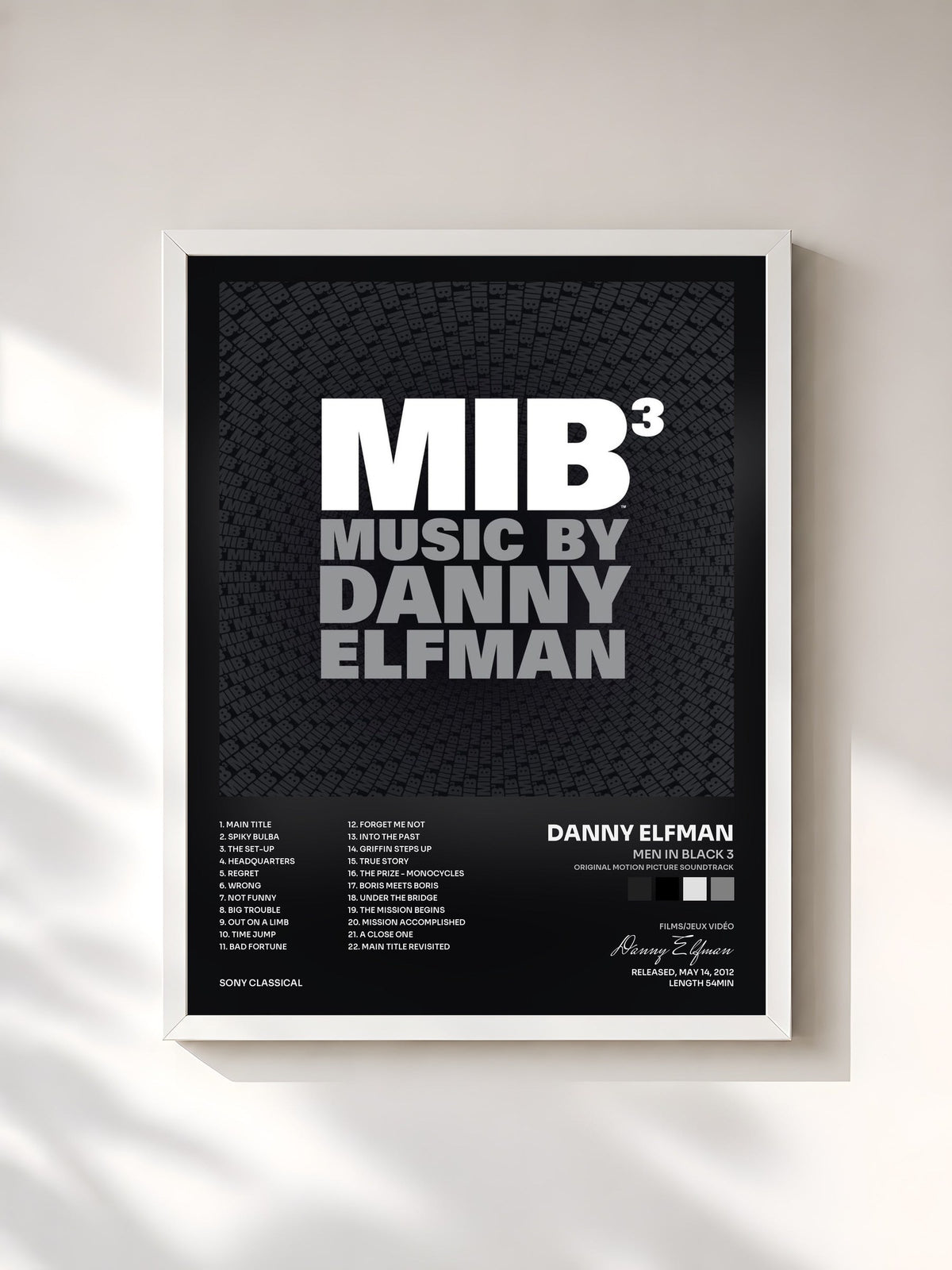 #blanc Tableau de l'album Men in Black 3 (Original Motion Picture Soundtrack) de Danny Elfman, cadre blanc, imprimé et encadré en France
