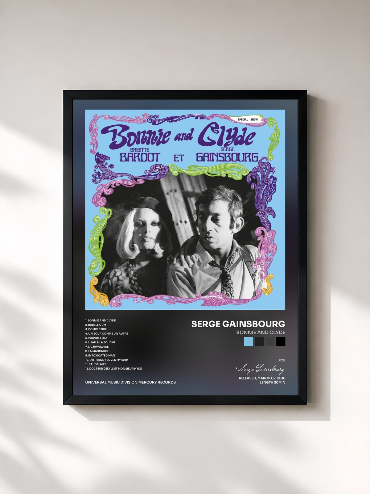#noir Tableau de l'album Bonnie And Clyde de Serge Gainsbourg, cadre noir, imprimé et encadré en France