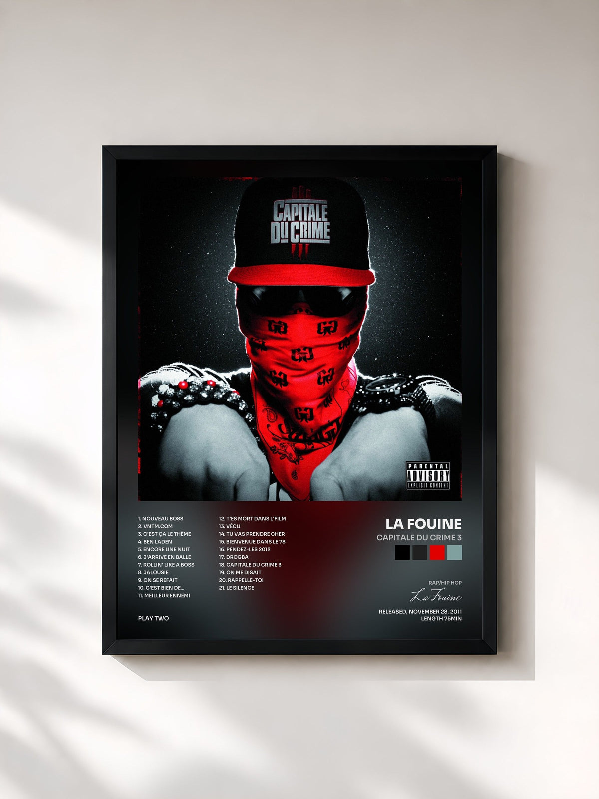 #noir Tableau de l'album Capitale du crime 3 de La Fouine, cadre noir, imprimé et encadré en France