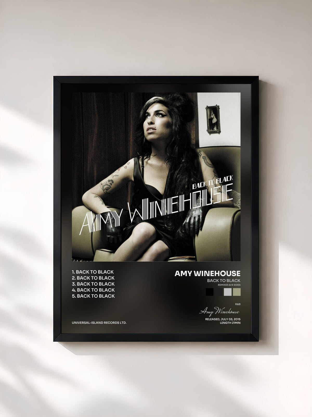 #noir Tableau de l'album Back To Black (Remixes & B Sides) de Amy Winehouse, cadre noir, imprimé et encadré en France
