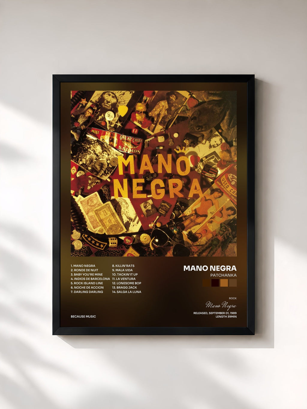 #noir Tableau de l'album Patchanka de Mano Negra, cadre noir, imprimé et encadré en France