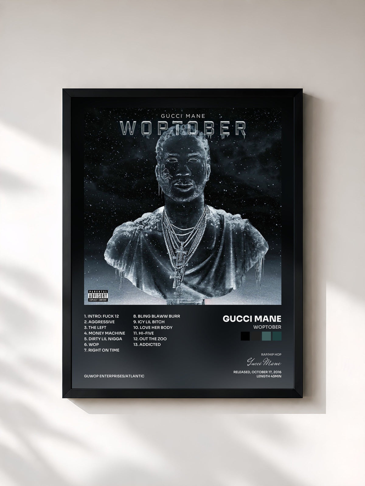 #noir Tableau de l'album WOPTOBER de Gucci Mane, cadre noir, imprimé et encadré en France