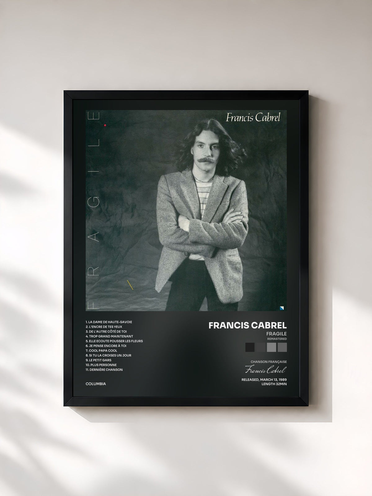 #noir Tableau de l'album Fragile (Remastered) de Francis Cabrel, cadre noir, imprimé et encadré en France