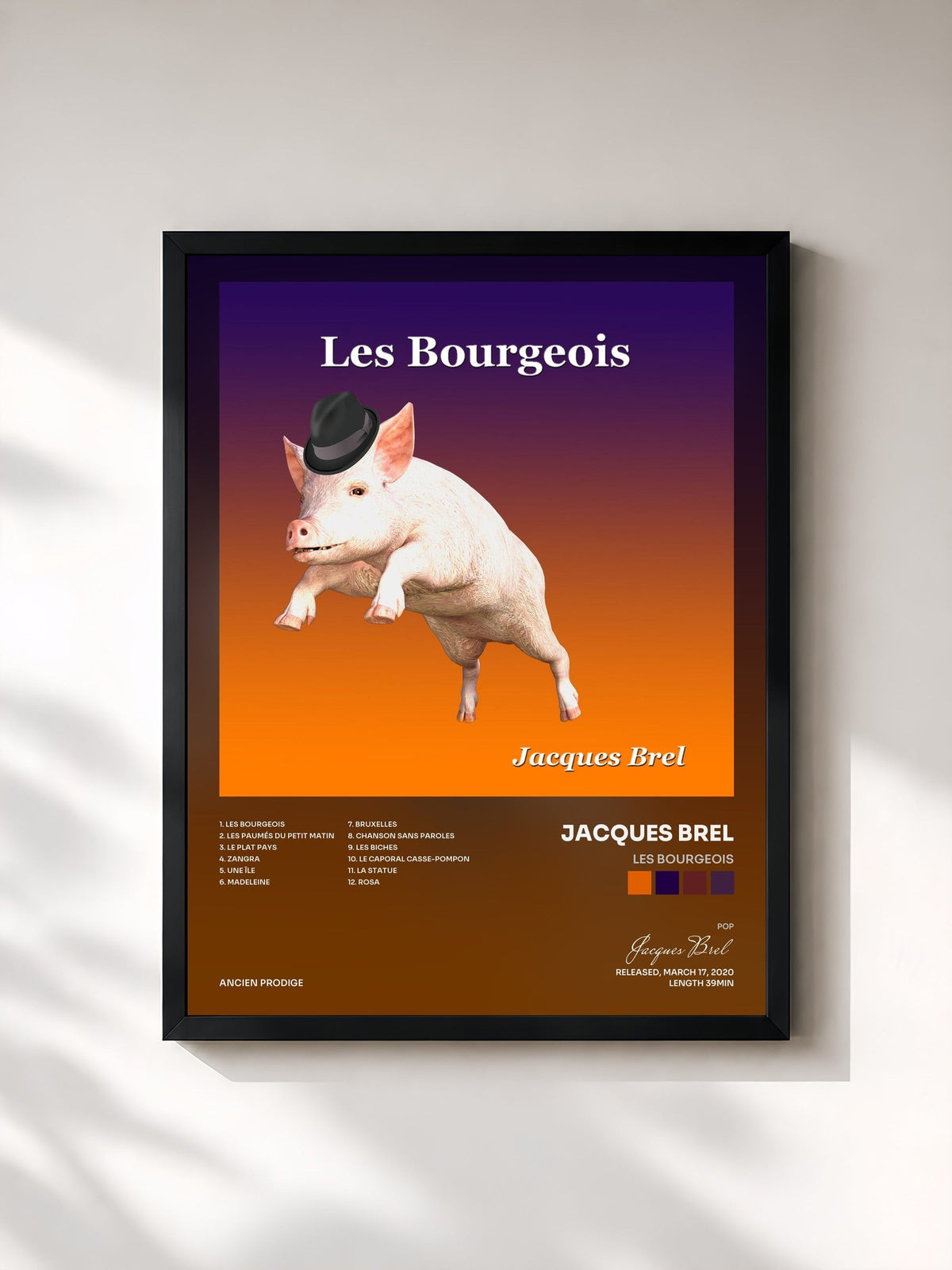 #noir Tableau de l'album Les Bourgeois de Jacques Brel, cadre noir, imprimé et encadré en France