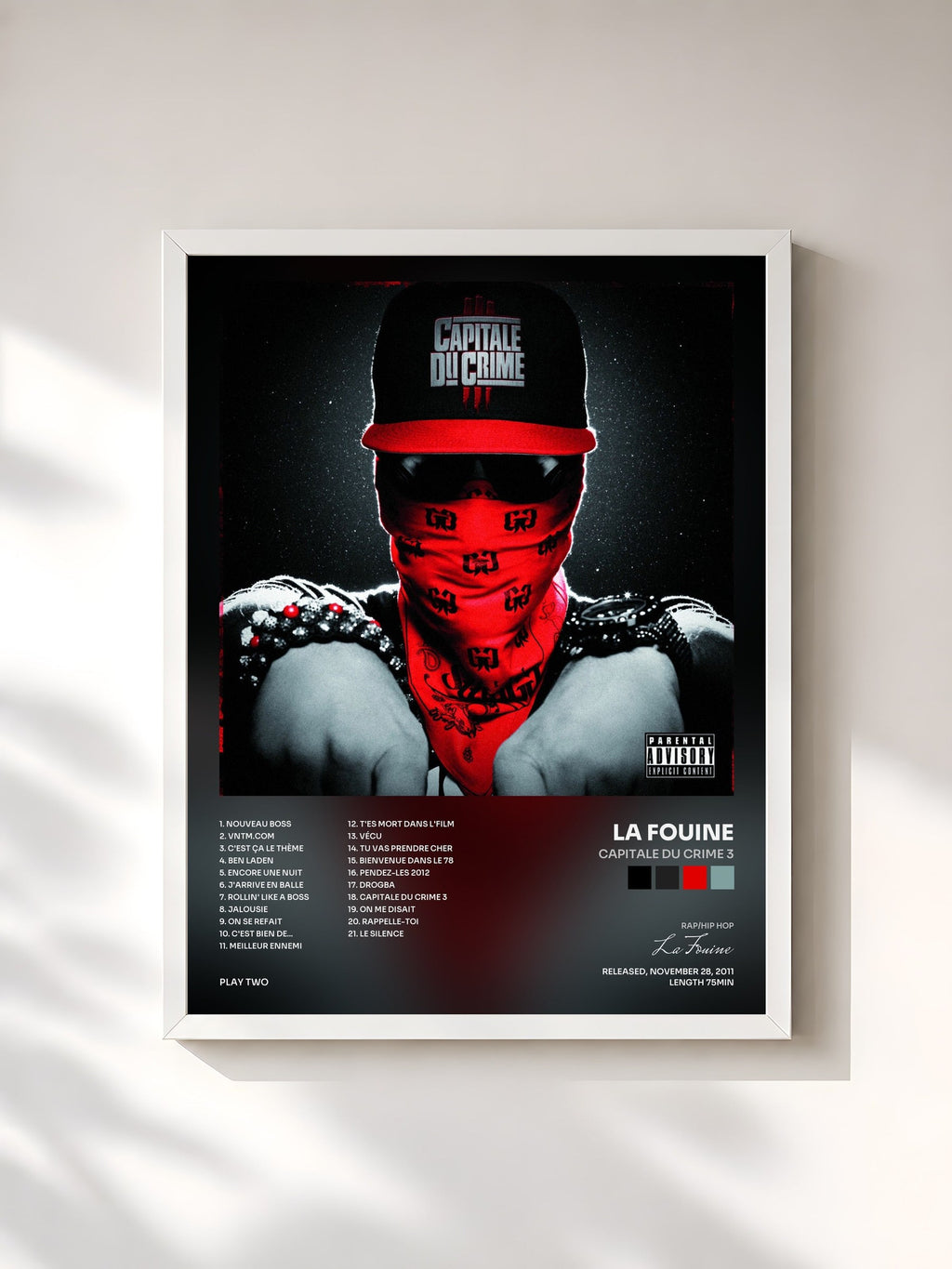 #blanc Tableau de l'album Capitale du crime 3 de La Fouine, cadre blanc, imprimé et encadré en France