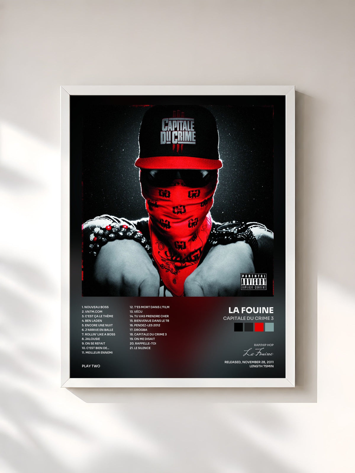 #blanc Tableau de l'album Capitale du crime 3 de La Fouine, cadre blanc, imprimé et encadré en France