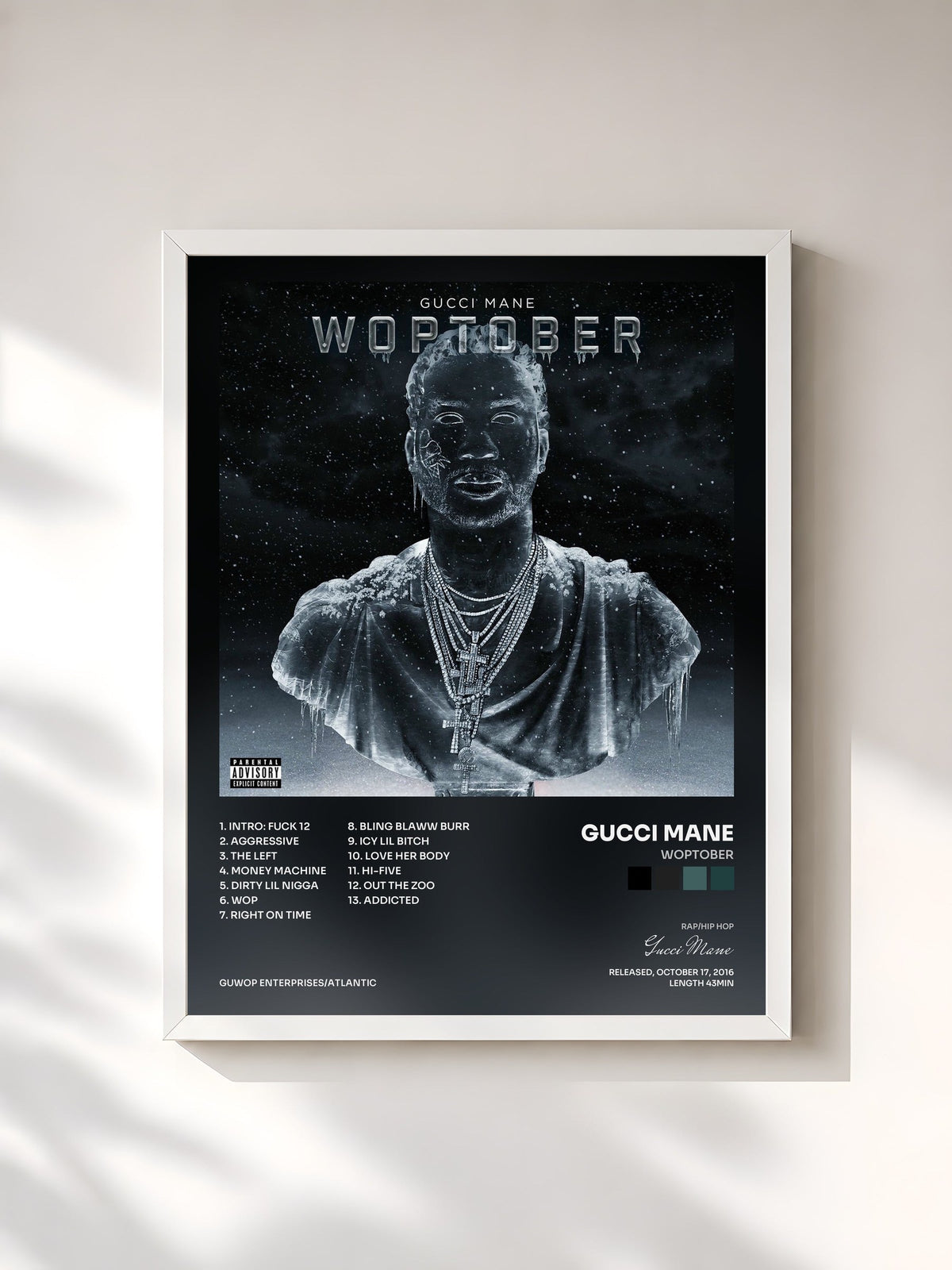 #blanc Tableau de l'album WOPTOBER de Gucci Mane, cadre blanc, imprimé et encadré en France