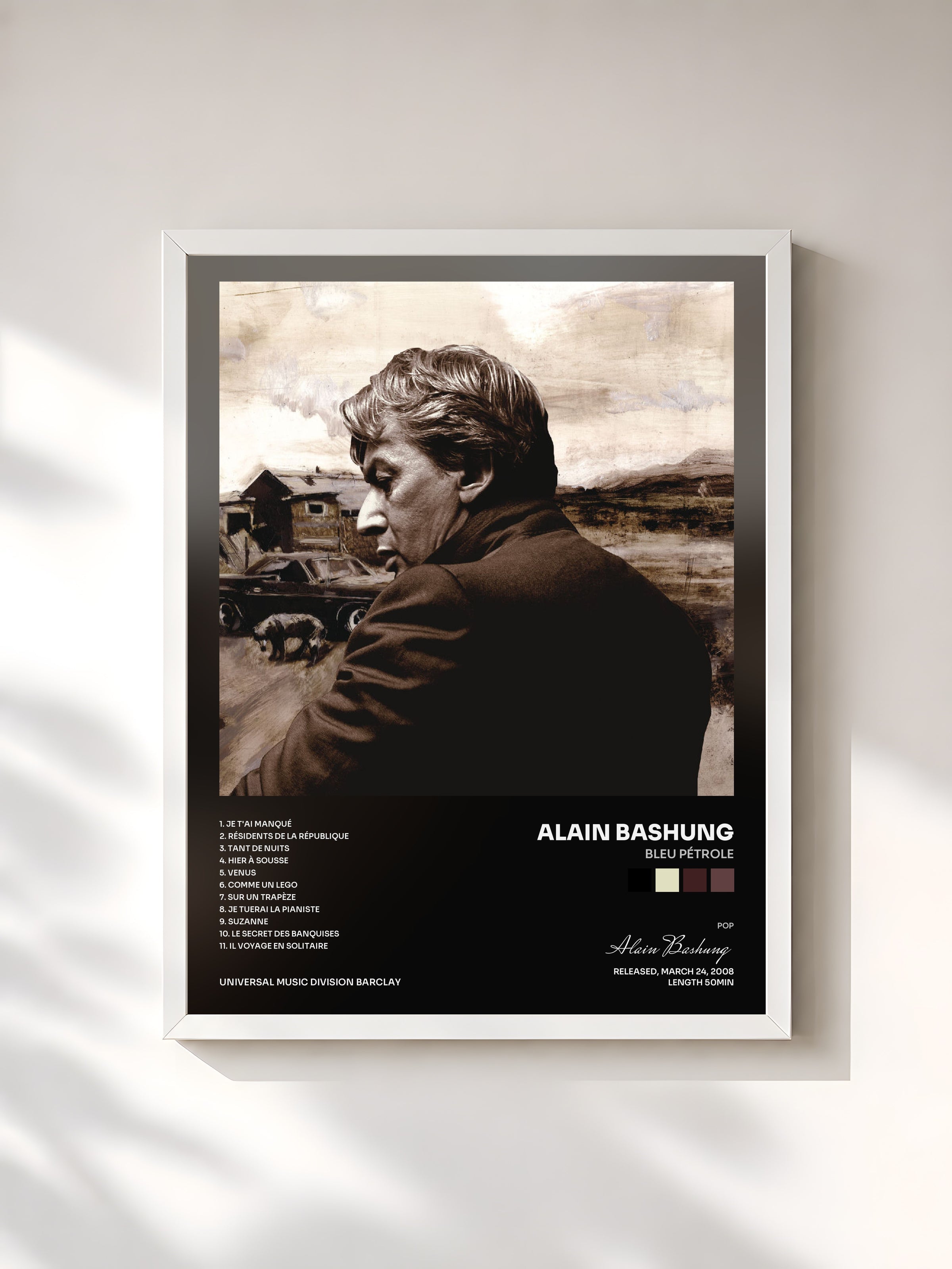 #blanc Tableau de l'album Bleu Pétrole de Alain Bashung, cadre blanc, imprimé et encadré en France