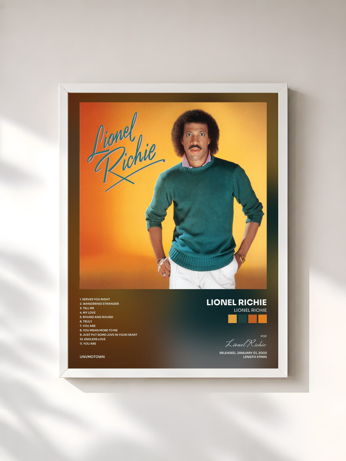 #blanc Tableau de l'album Lionel Richie de Lionel Richie, cadre blanc, imprimé et encadré en France