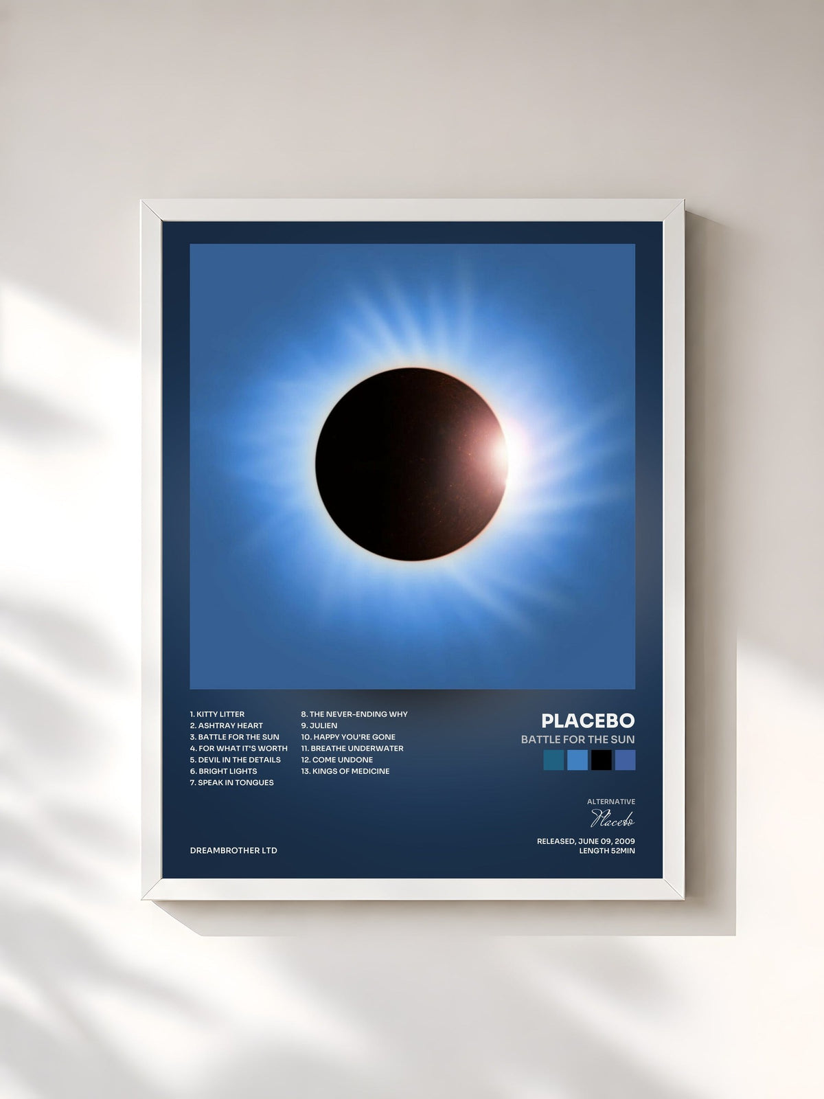 #blanc Tableau de l'album Battle for the Sun de Placebo, cadre blanc, imprimé et encadré en France