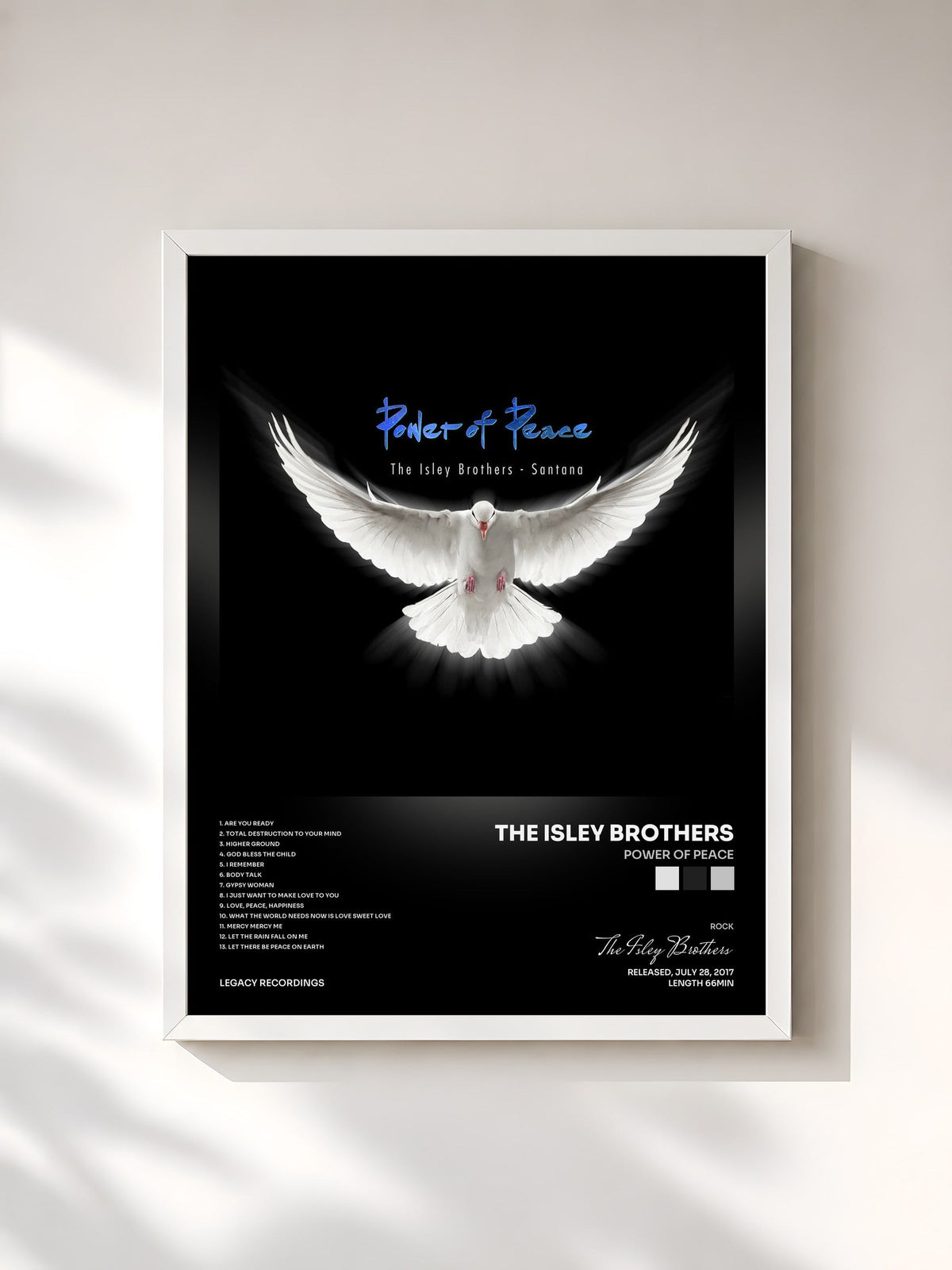 #blanc Tableau de l'album Power Of Peace de The Isley Brothers, cadre blanc, imprimé et encadré en France