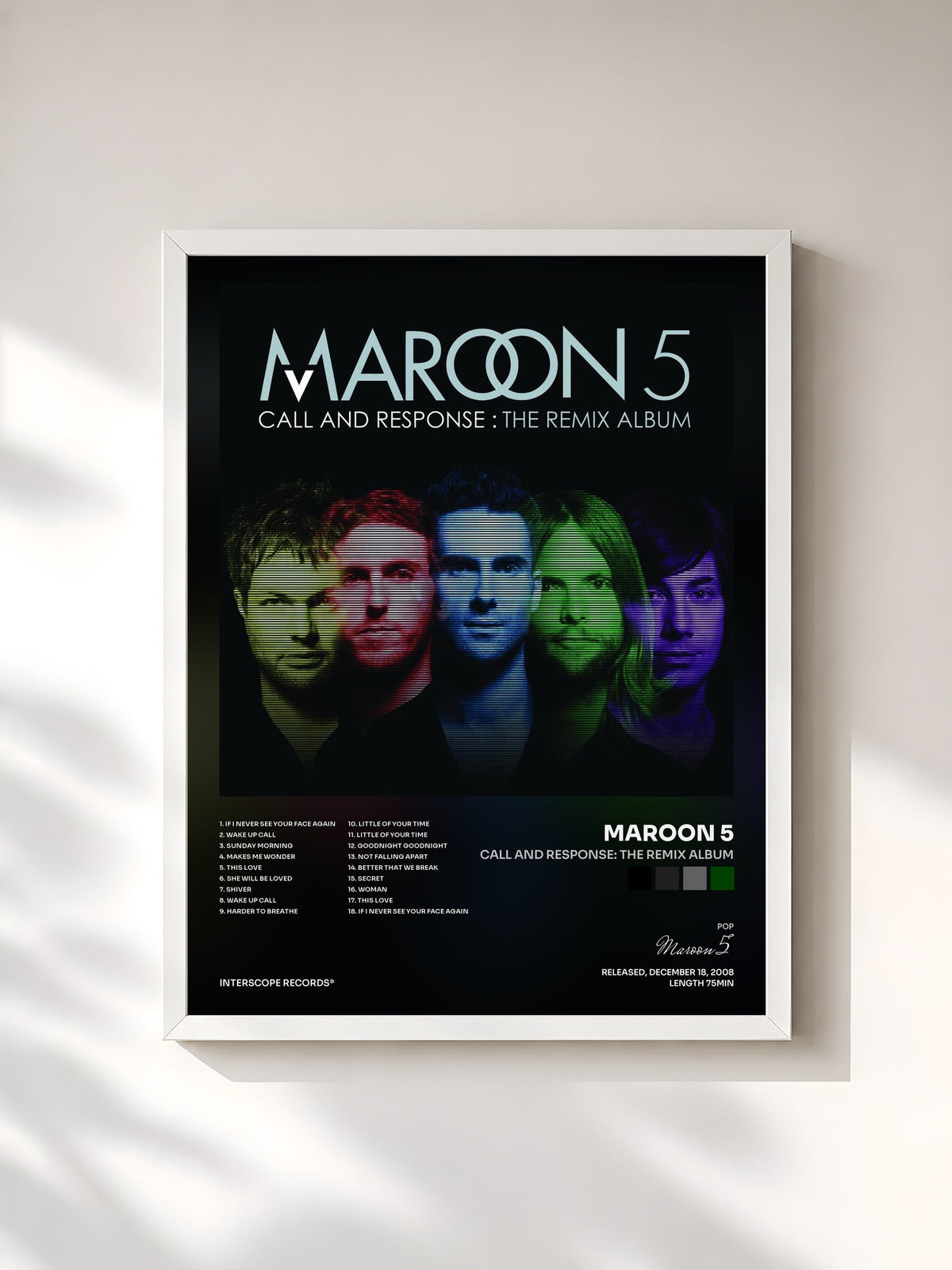 #blanc Tableau de l'album Call And Response: The Remix Album de Maroon 5, cadre blanc, imprimé et encadré en France