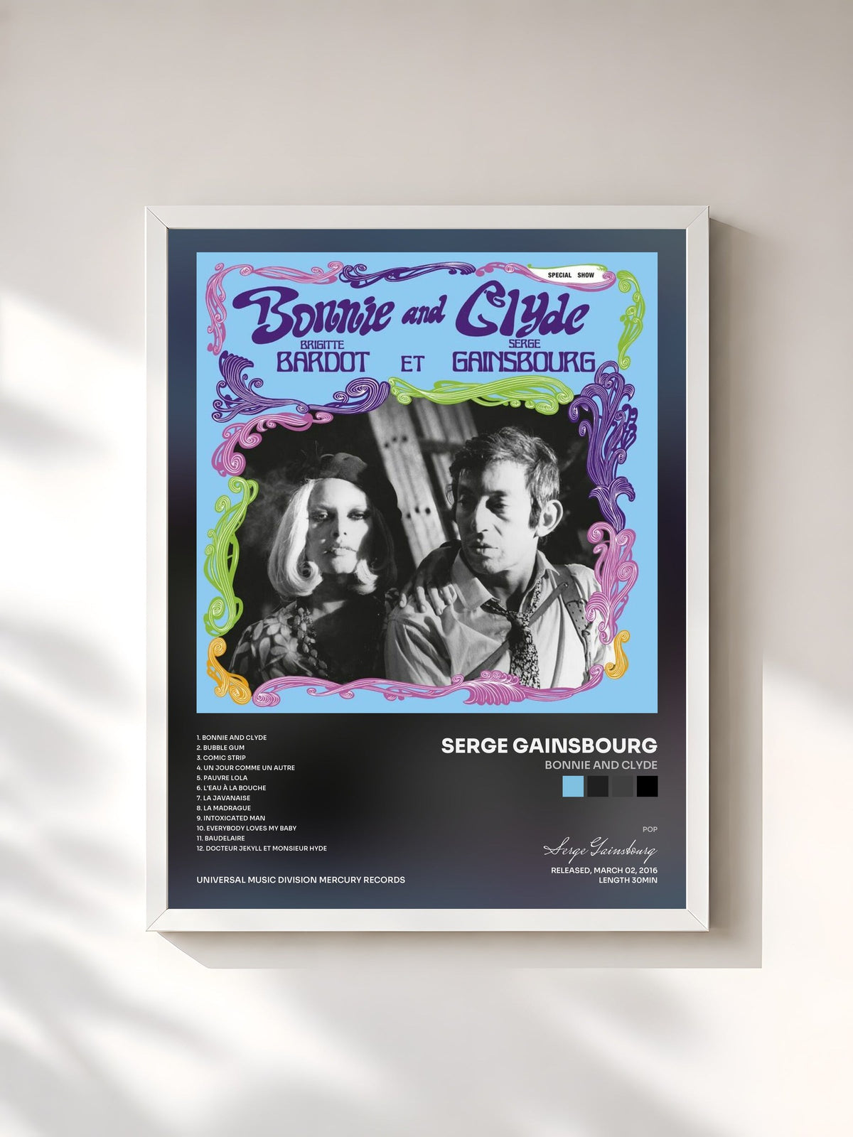 #blanc Tableau de l'album Bonnie And Clyde de Serge Gainsbourg, cadre blanc, imprimé et encadré en France