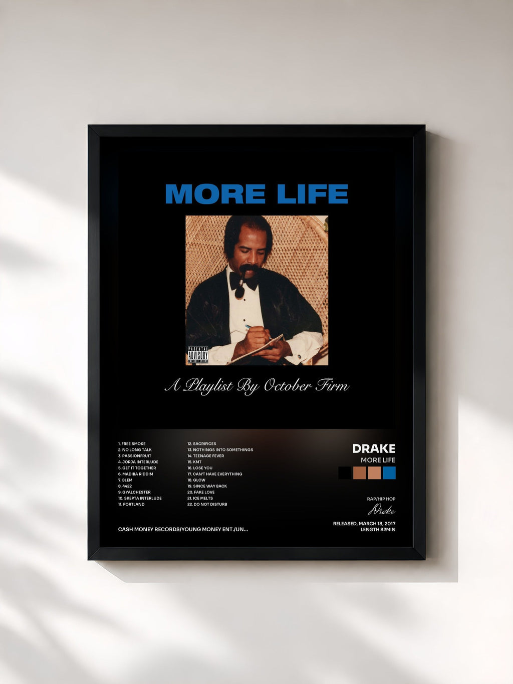 #noir Tableau de l'album More Life de Drake, cadre noir, imprimé et encadré en France