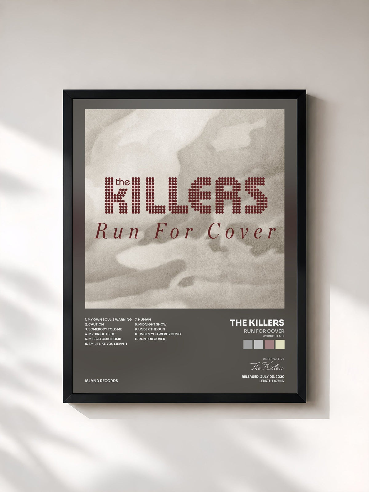 #noir Tableau de l'album Run For Cover (Workout Mix) de The Killers, cadre noir, imprimé et encadré en France