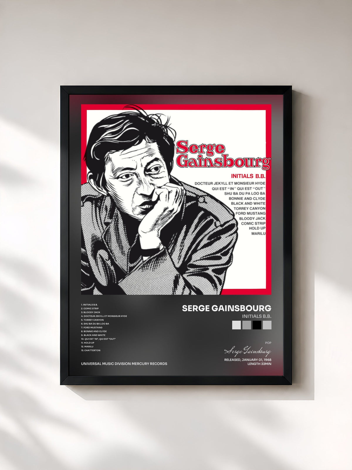 #noir Tableau de l'album Initials B.B. de Serge Gainsbourg, cadre noir, imprimé et encadré en France