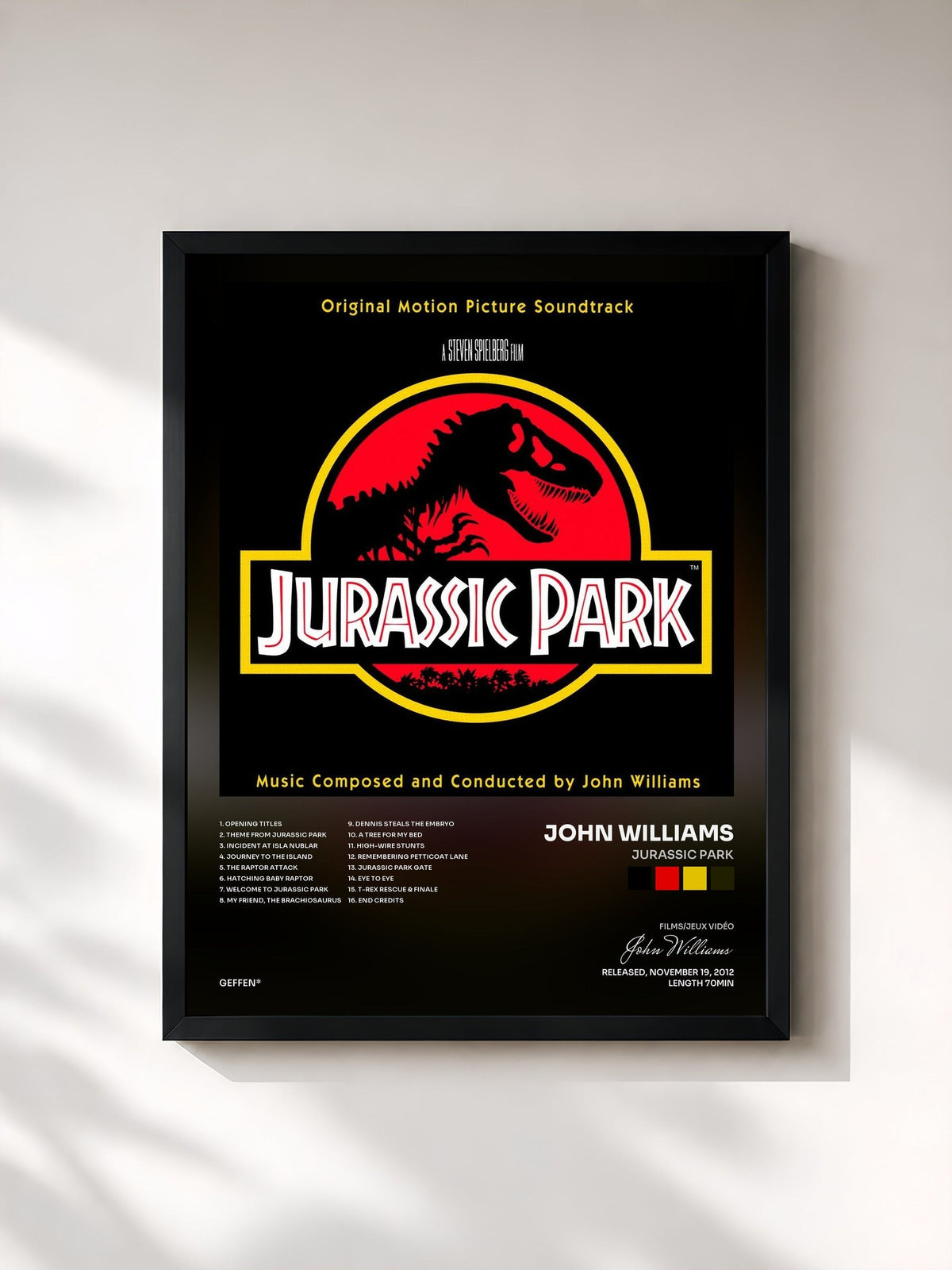 #noir Tableau de l'album Jurassic Park de John Williams, cadre noir, imprimé et encadré en France