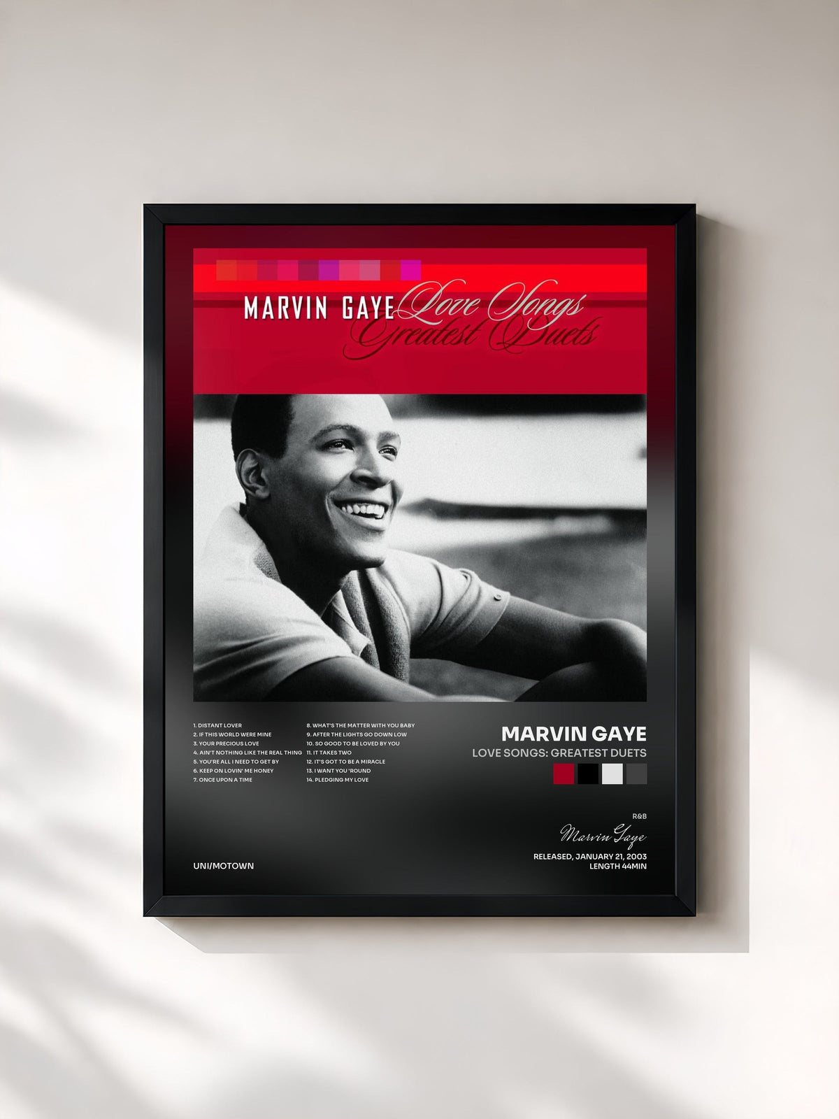 #noir Tableau de l'album Love Songs: Greatest Duets de Marvin Gaye, cadre noir, imprimé et encadré en France