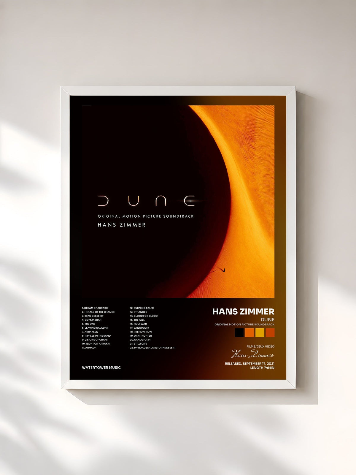#blanc Tableau de l'album Dune (Original Motion Picture Soundtrack) de Hans Zimmer, cadre blanc, imprimé et encadré en France