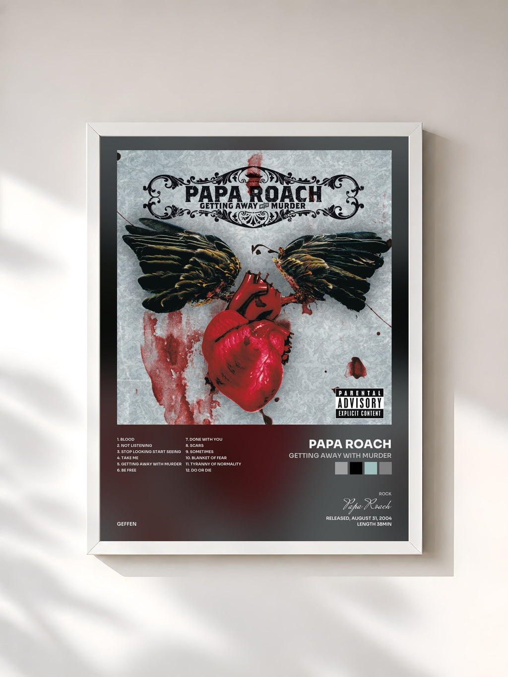 #blanc Getting Away With Murder by Papa Roach as a framed art print, white frame, printed and framed in France