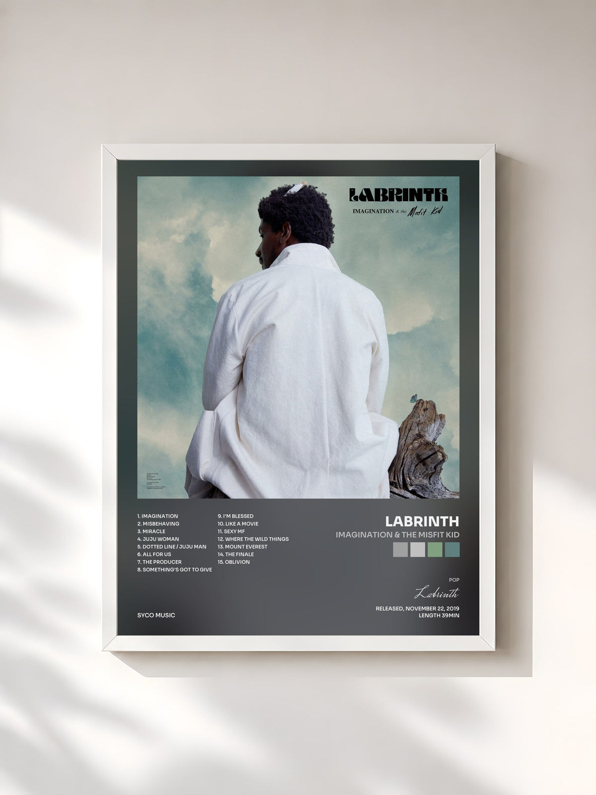 #blanc Tableau de l'album Imagination & the Misfit Kid de Labrinth, cadre blanc, imprimé et encadré en France