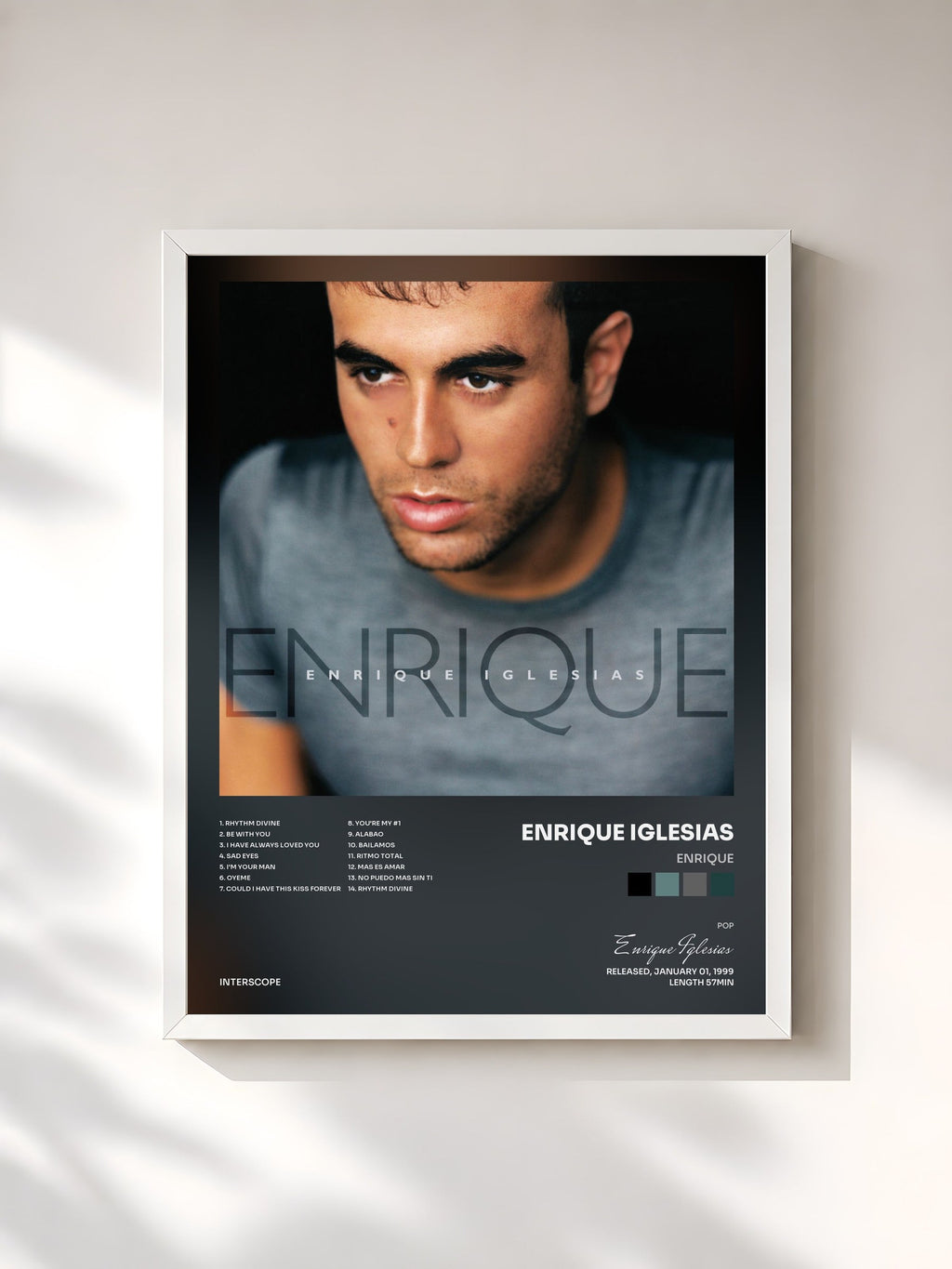 #blanc Enrique de Enrique Iglesias en lámina enmarcada, marco blanco, impresa y enmarcada en Francia