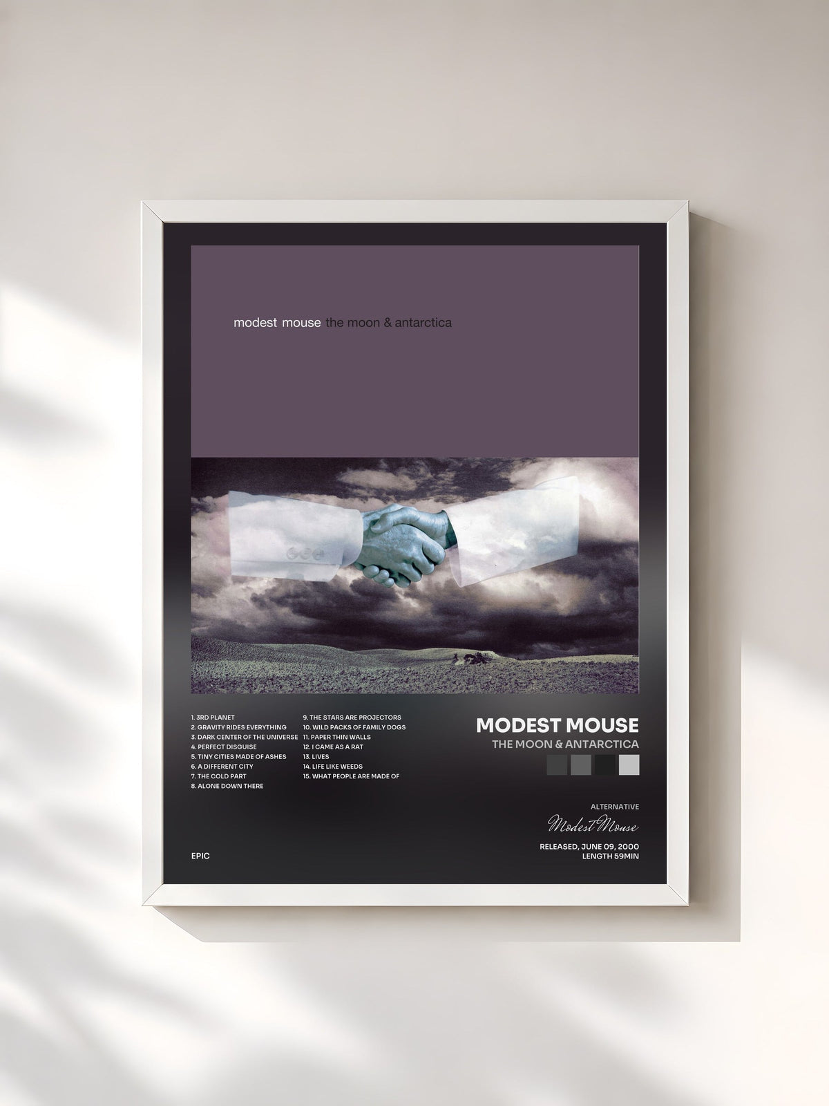 #blanc Tableau de l'album The Moon & Antarctica de Modest Mouse, cadre blanc, imprimé et encadré en France