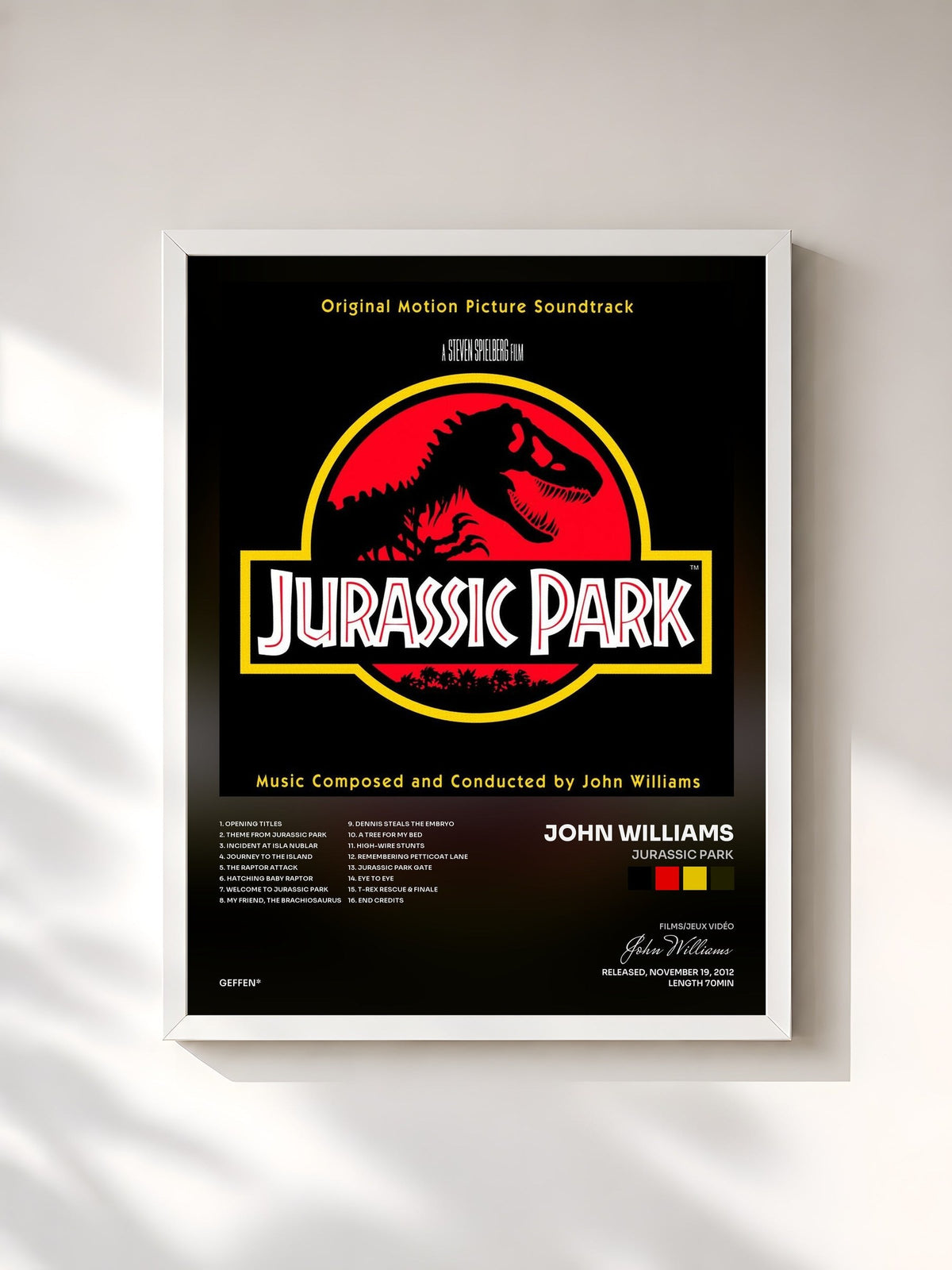 #blanc Tableau de l'album Jurassic Park de John Williams, cadre blanc, imprimé et encadré en France