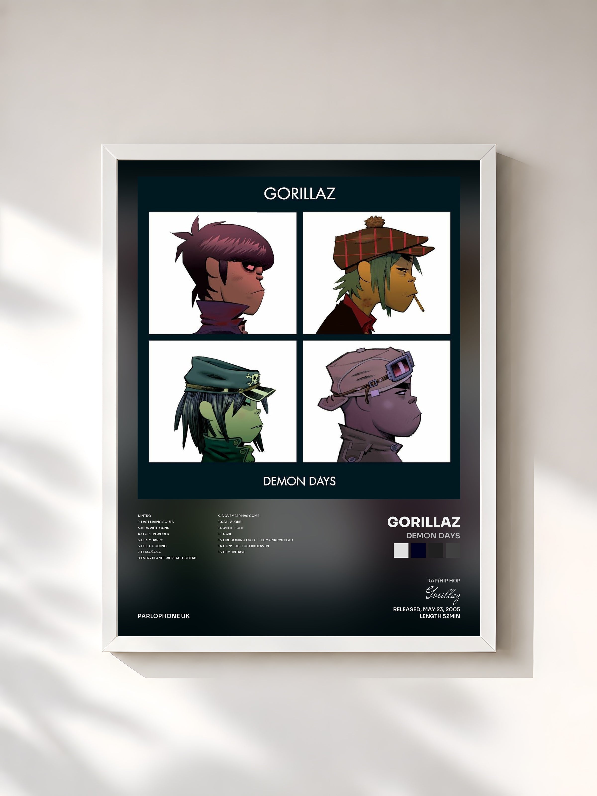 #blanc Demon Days di Gorillaz in stampa incorniciata, cornice bianca, stampata e incorniciata in Francia