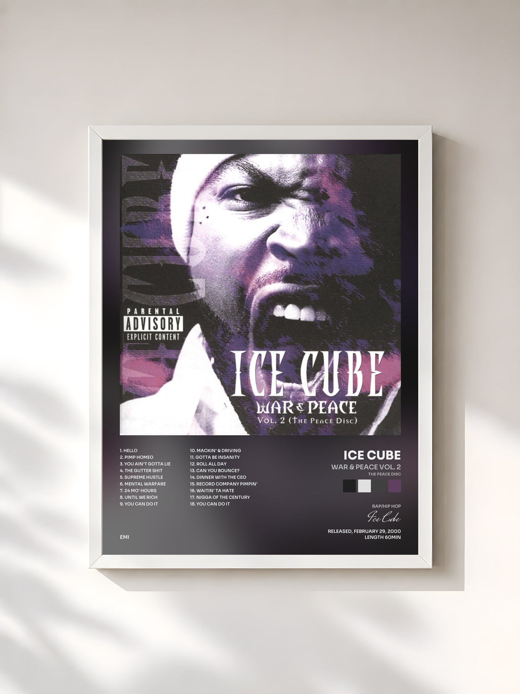 #blanc War & Peace Vol. 2 (The Peace Disc) de Ice Cube en lámina enmarcada, marco blanco, impresa y enmarcada en Francia