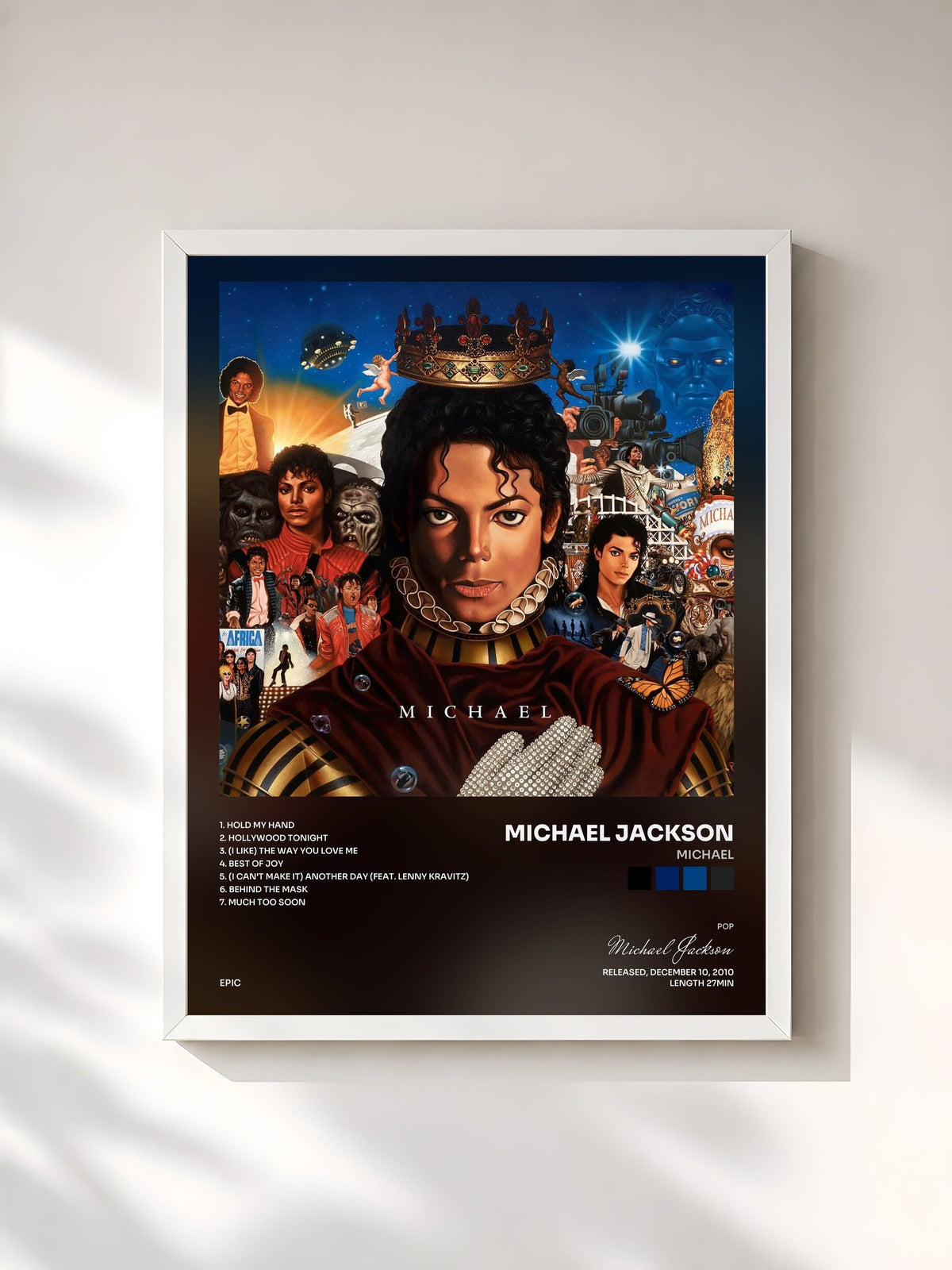 #blanc Tableau de l'album Michael de Michael Jackson, cadre blanc, imprimé et encadré en France