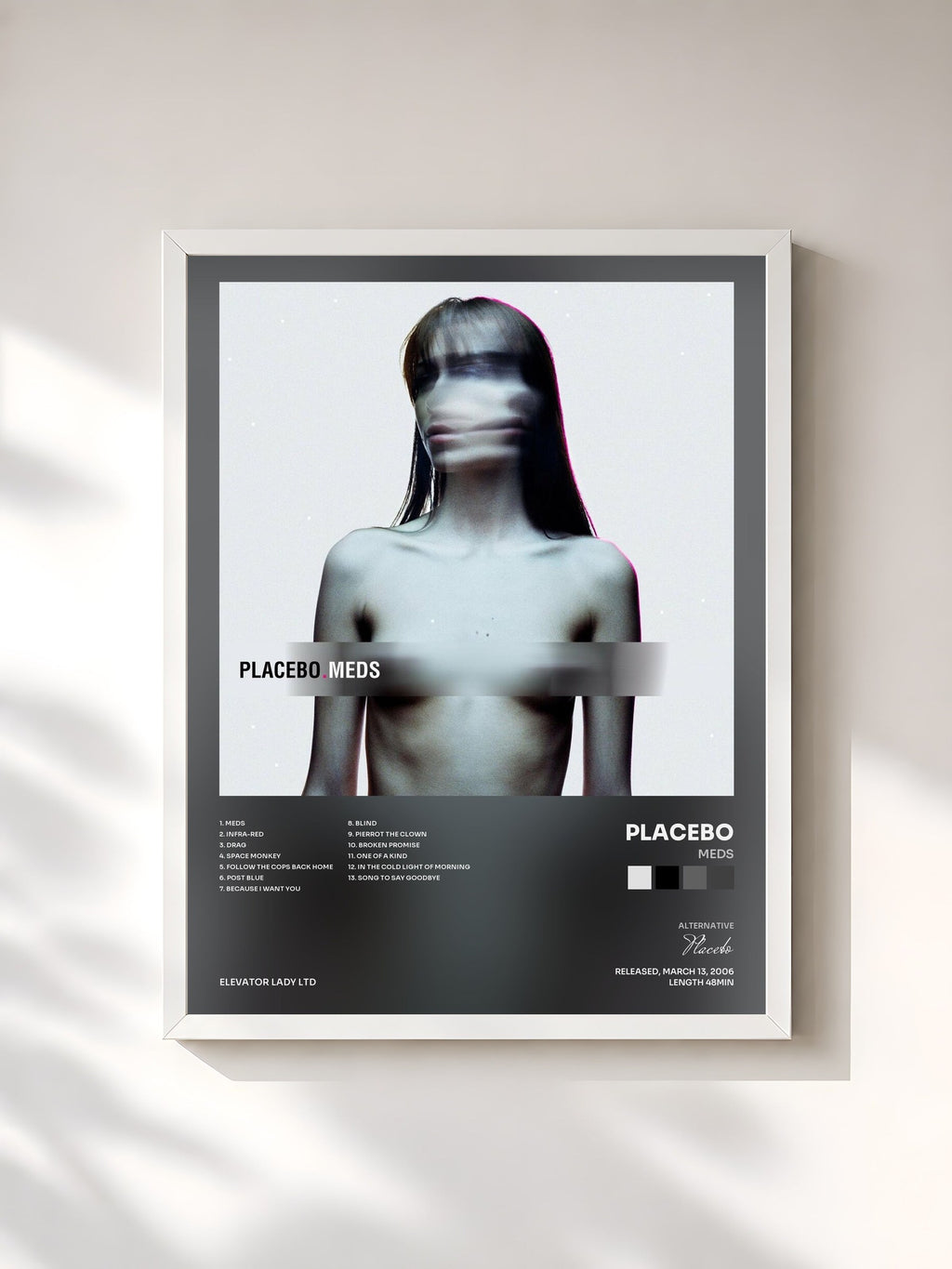 #blanc Tableau de l'album Meds de Placebo, cadre blanc, imprimé et encadré en France