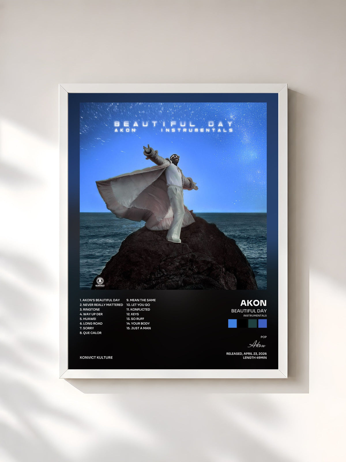 #blanc BEAUTIFUL DAY (INSTRUMENTALS) by Akon as a framed art print, white frame, printed and framed in France