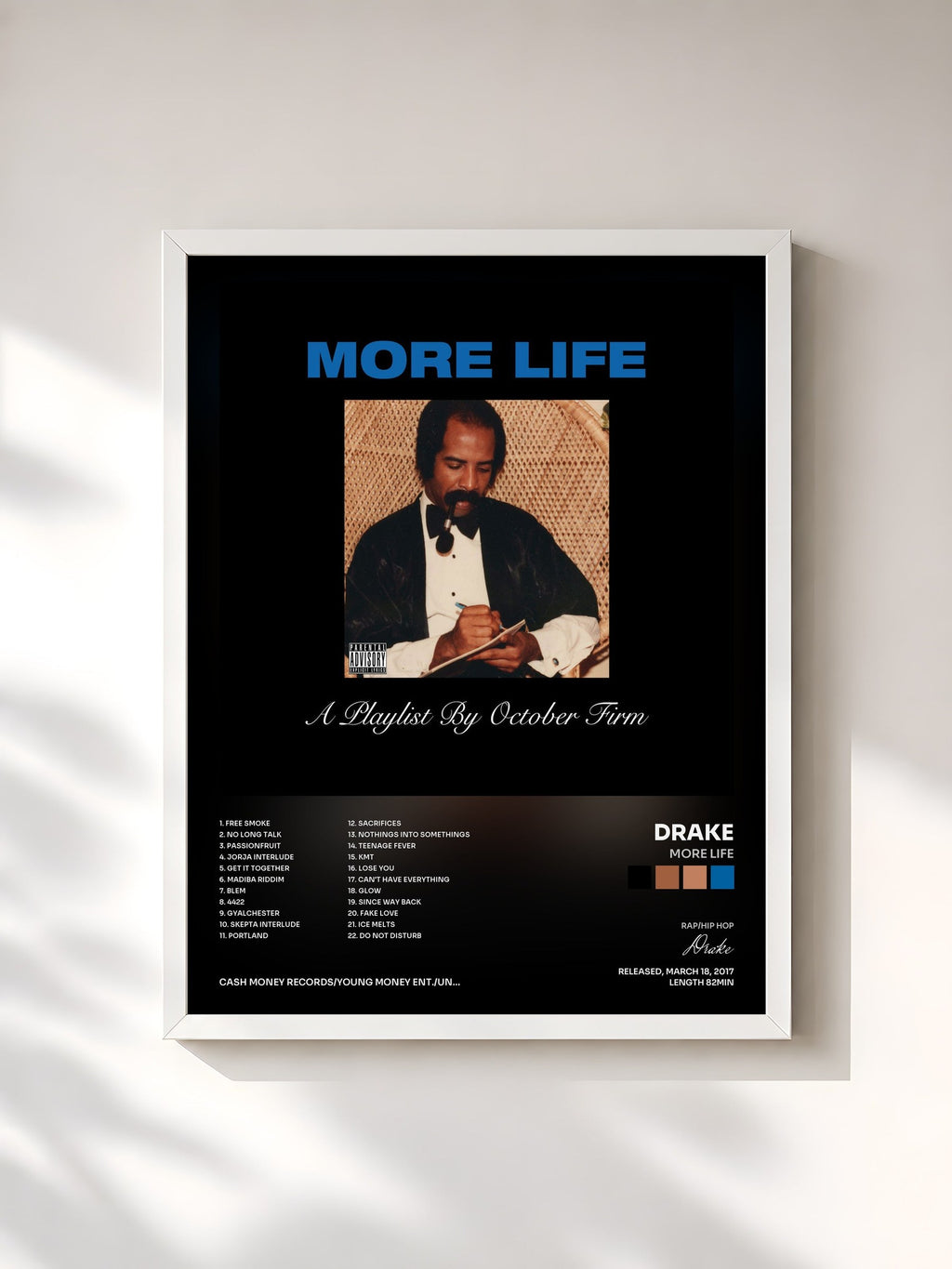 #blanc Tableau de l'album More Life de Drake, cadre blanc, imprimé et encadré en France