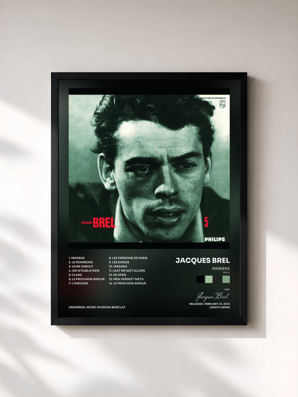 #noir Tableau de l'album Marieke (Vol.5) de Jacques Brel, cadre noir, imprimé et encadré en France