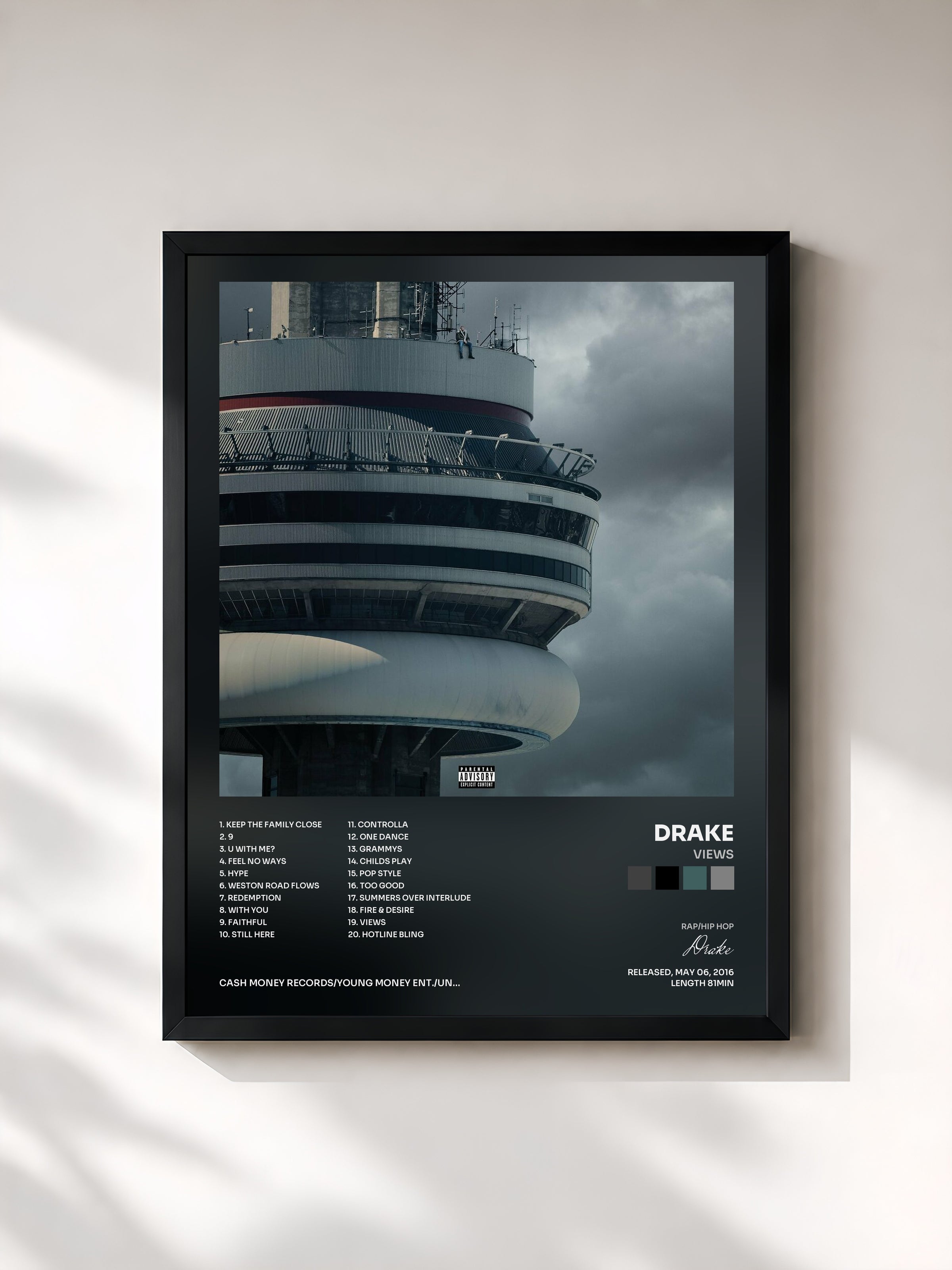 #noir Tableau de l'album Views de Drake, cadre noir, imprimé et encadré en France