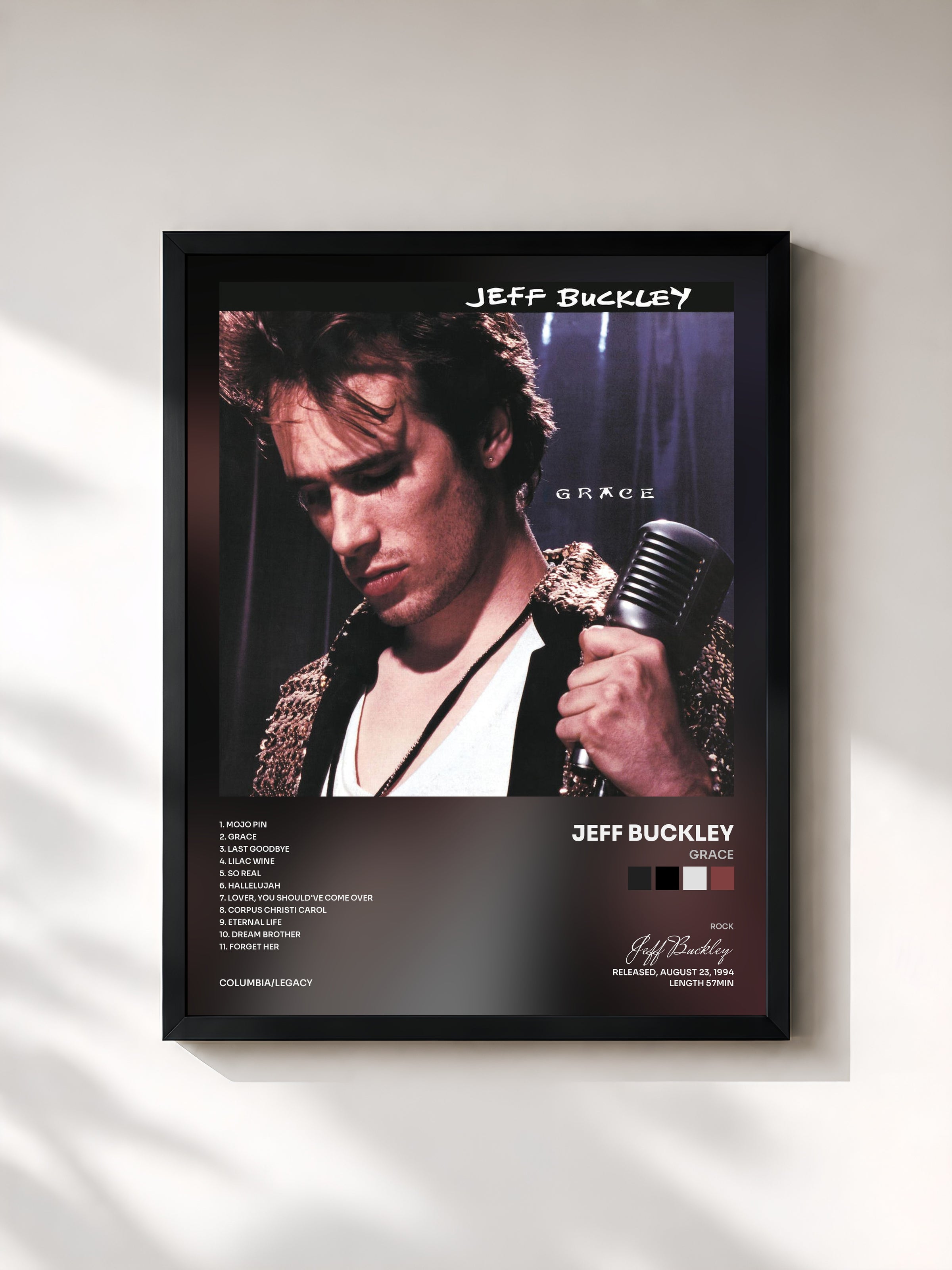 #noir Tableau de l'album Grace de Jeff Buckley, cadre noir, imprimé et encadré en France