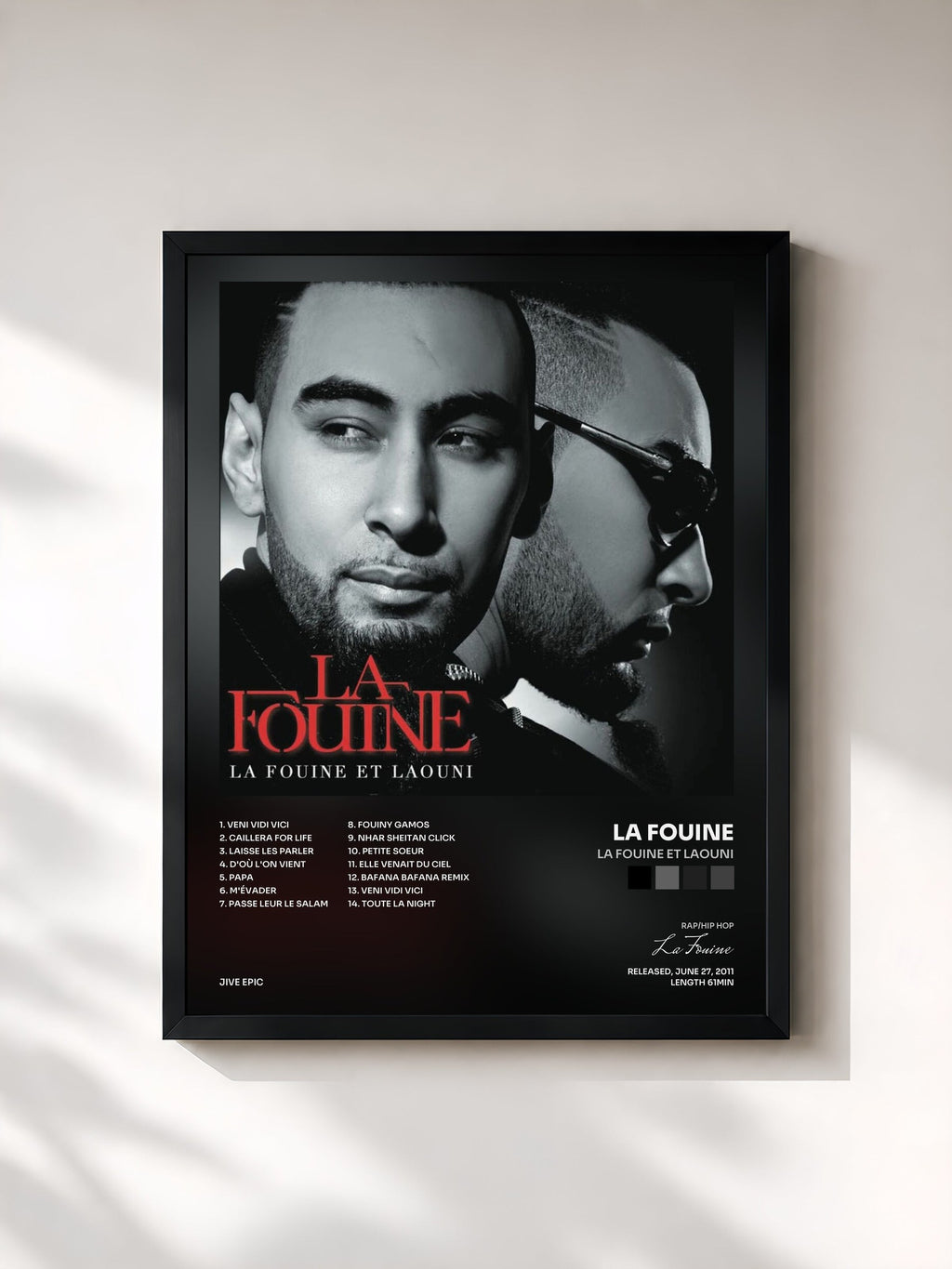 #noir Tableau de l'album La Fouine et Laouni de La Fouine, cadre noir, imprimé et encadré en France