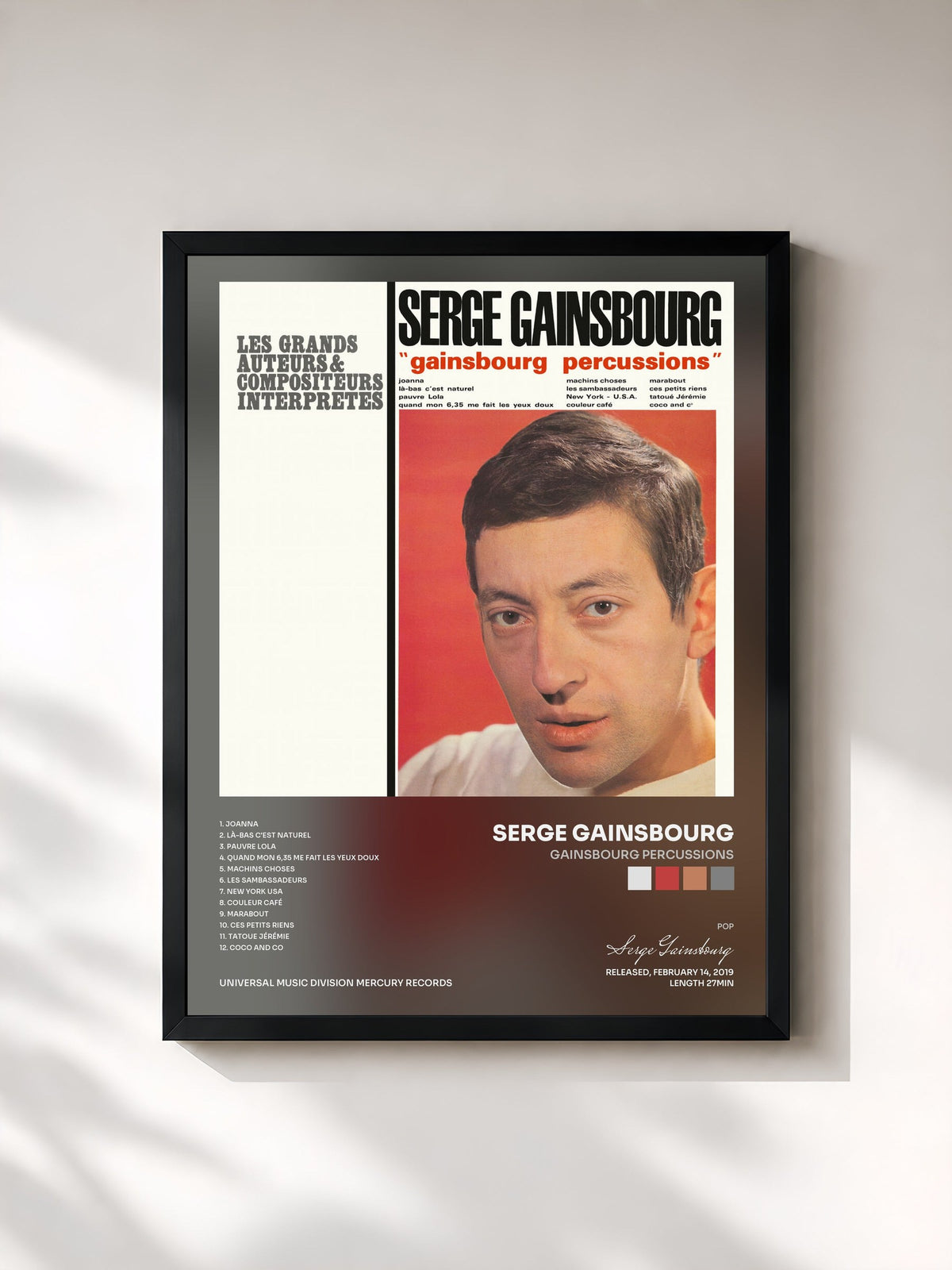 #noir Tableau de l'album Gainsbourg percussions de Serge Gainsbourg, cadre noir, imprimé et encadré en France