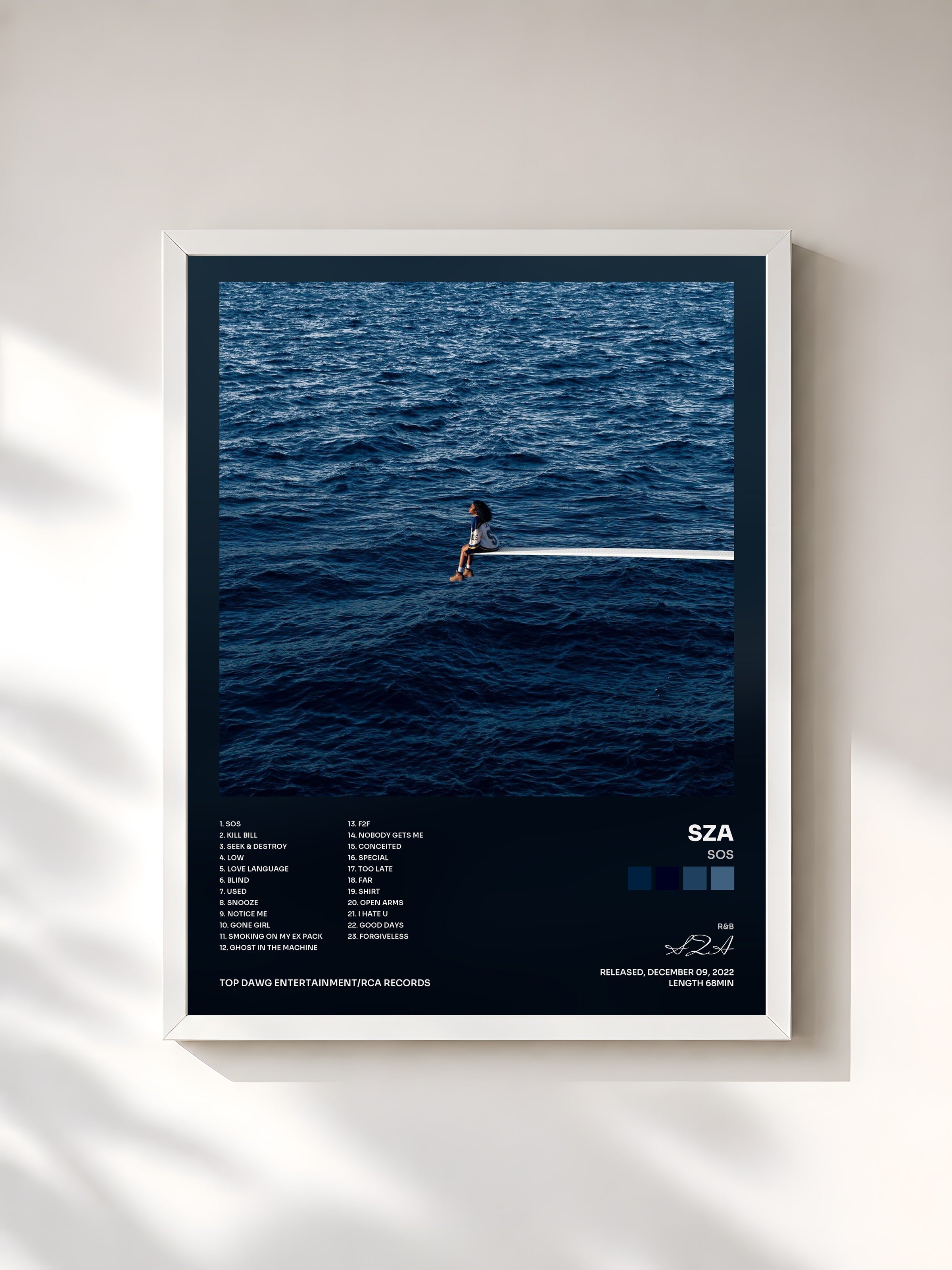 #blanc SOS by SZA as a framed art print, white frame, printed and framed in France
