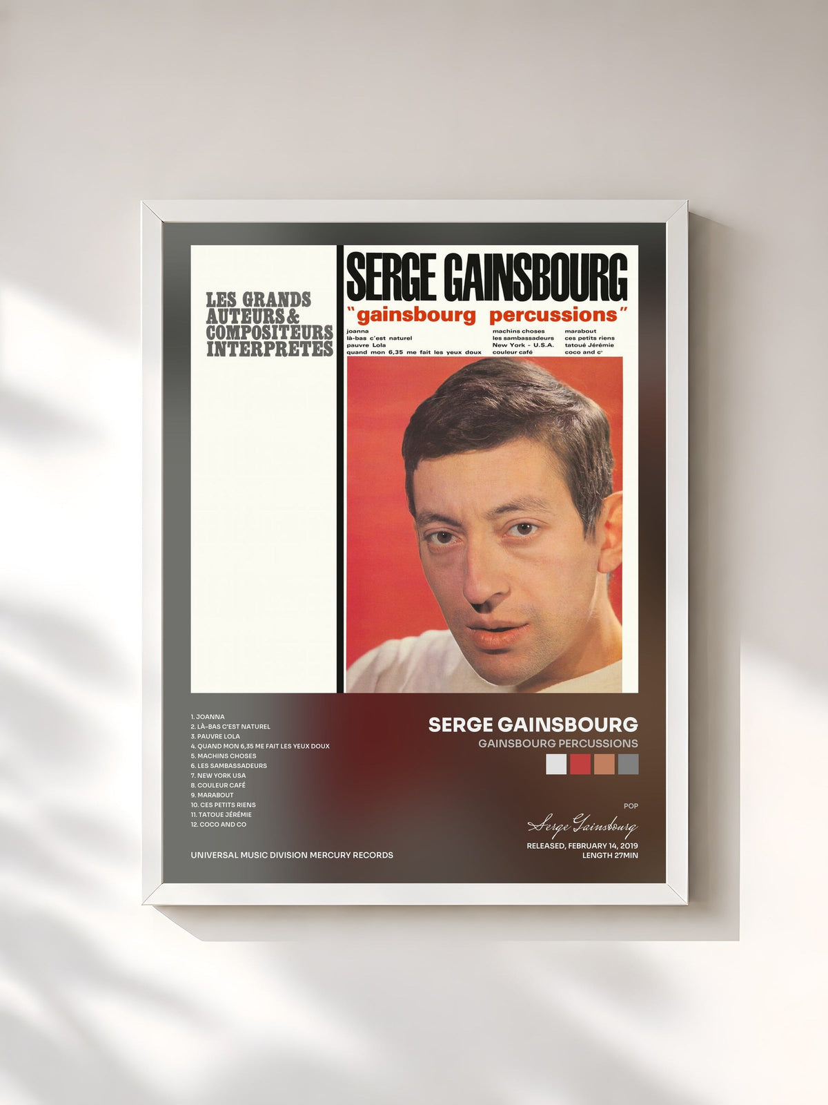 #blanc Tableau de l'album Gainsbourg percussions de Serge Gainsbourg, cadre blanc, imprimé et encadré en France