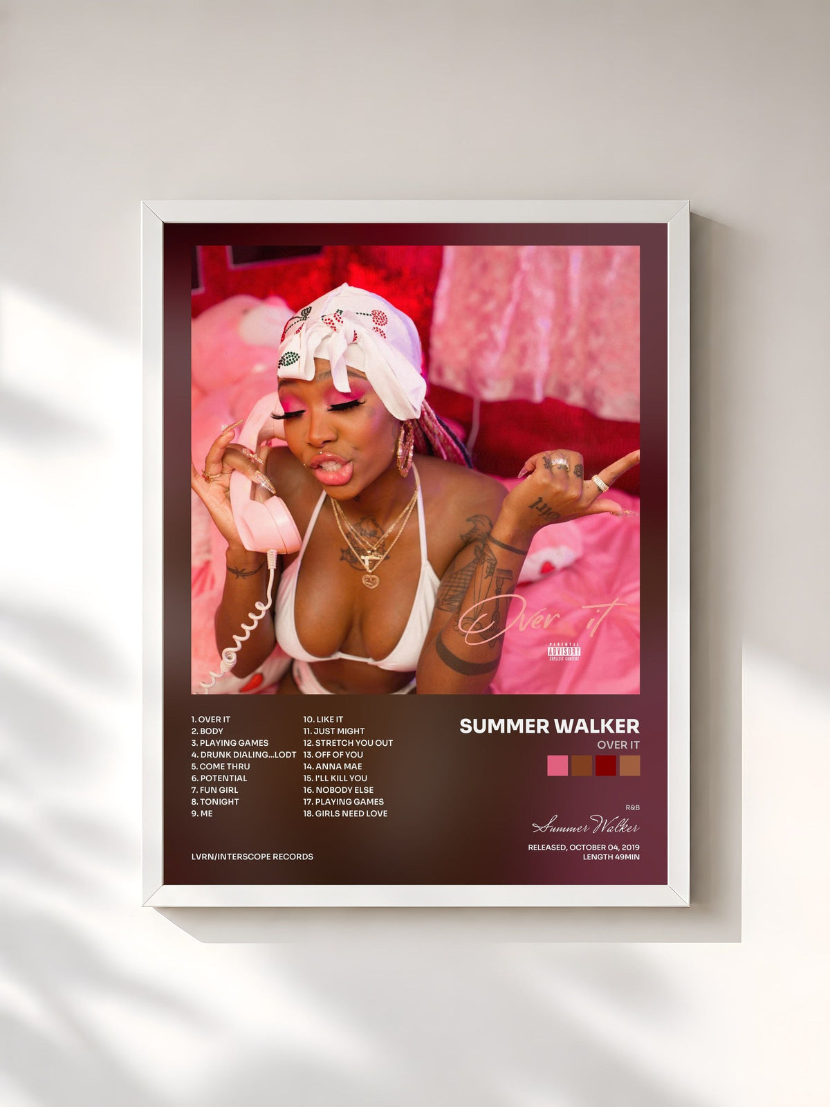 #blanc Tableau de l'album Over It de Summer Walker, cadre blanc, imprimé et encadré en France