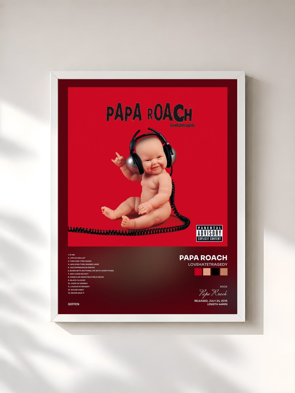 #blanc lovehatetragedy de Papa Roach en lámina enmarcada, marco blanco, impresa y enmarcada en Francia