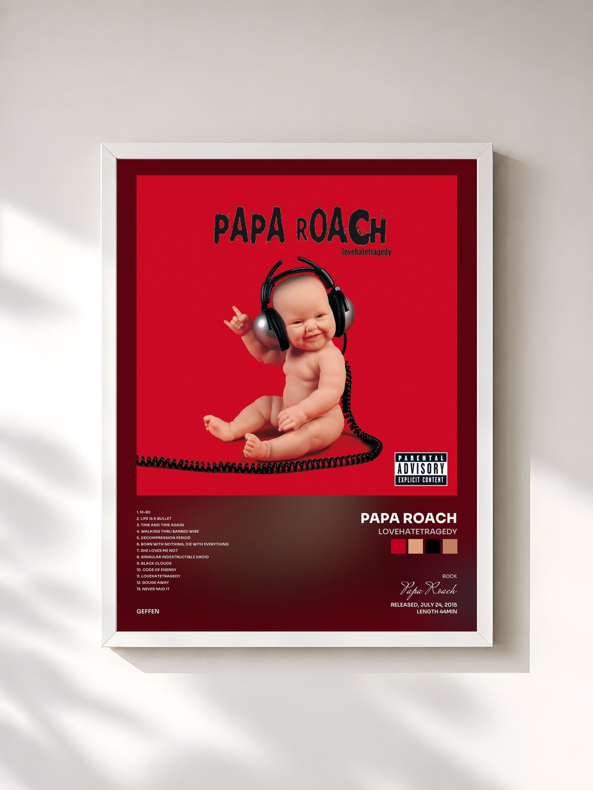 #blanc Tableau de l'album lovehatetragedy de Papa Roach, cadre blanc, imprimé et encadré en France