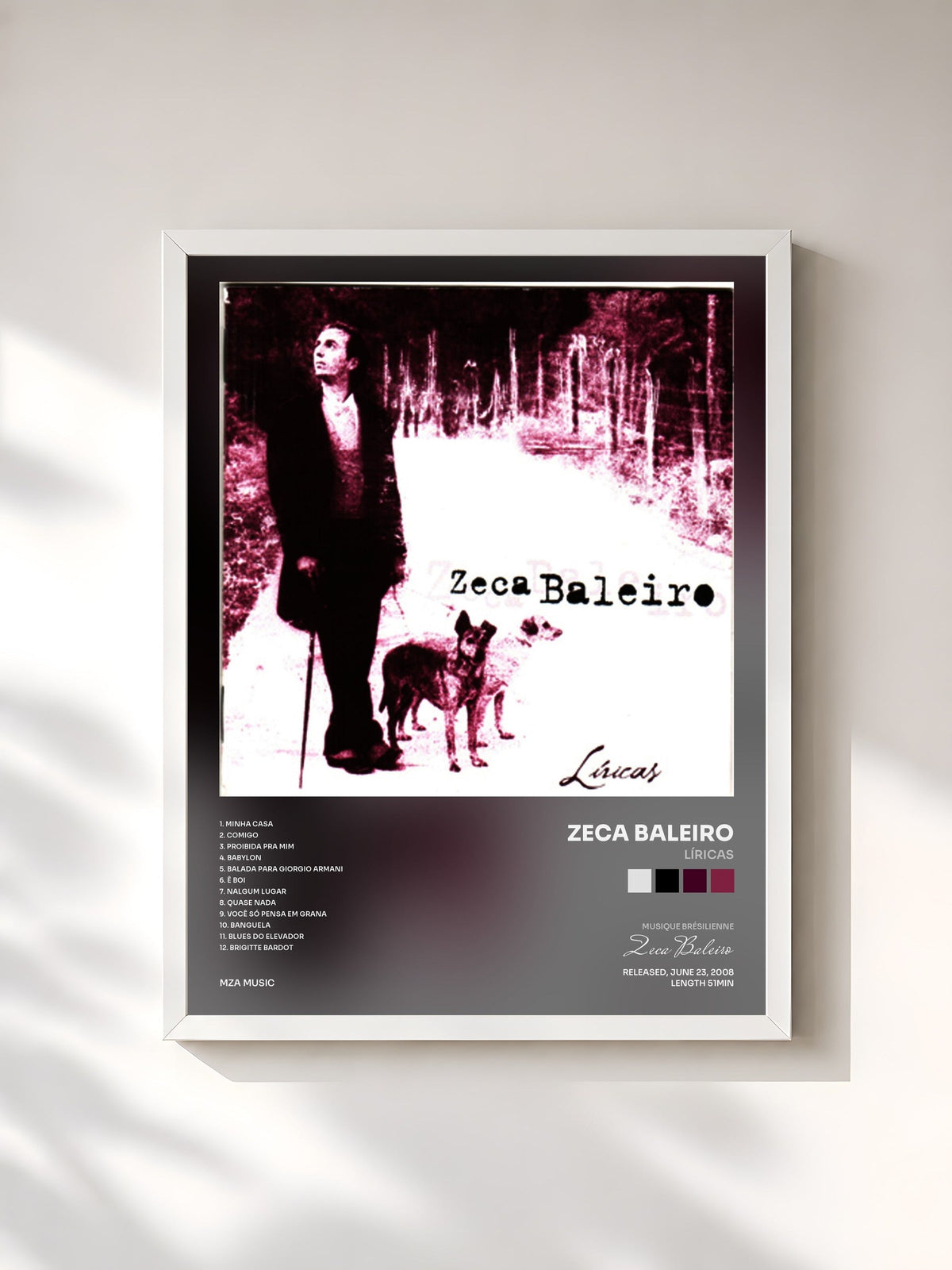 #blanc Tableau de l'album Líricas de Zeca Baleiro, cadre blanc, imprimé et encadré en France