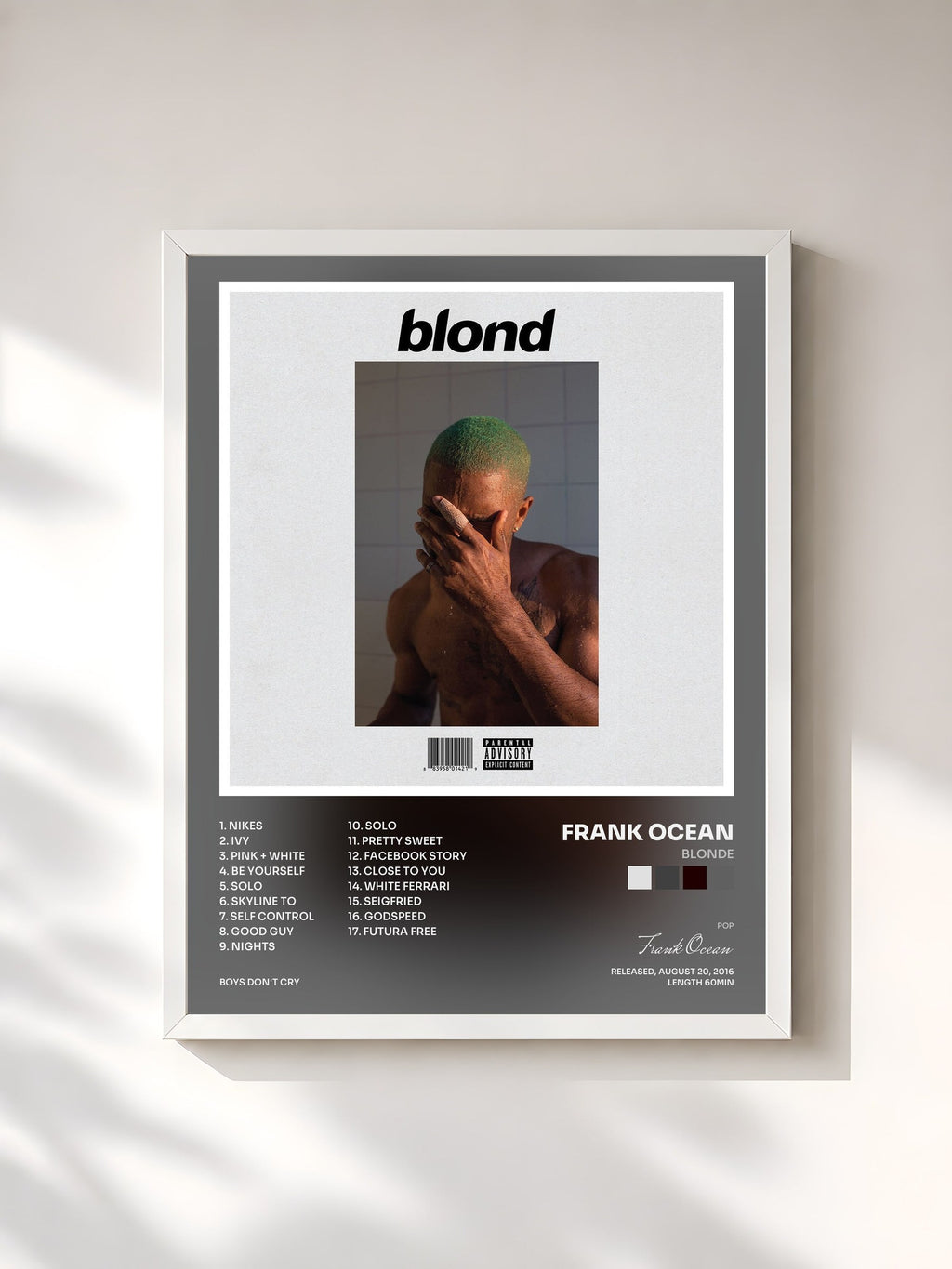#blanc Blonde von Frank Ocean als gerahmter Kunstdruck, weißer Rahmen, gedruckt und gerahmt in Frankreich